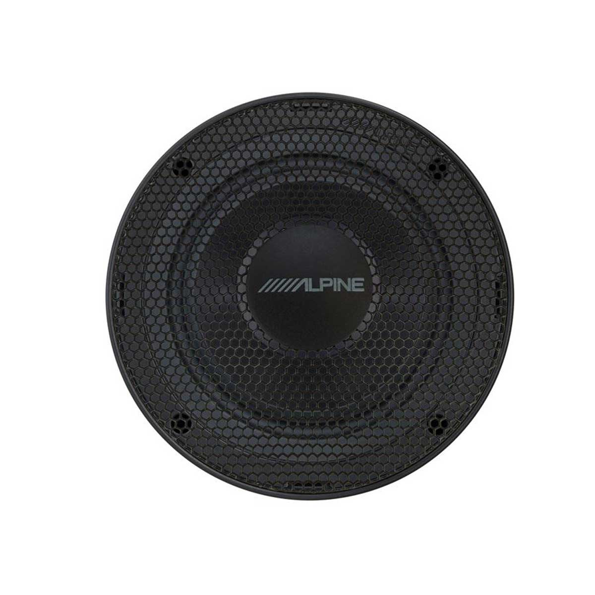 Schwarzer Alpine Subwoofer-Lautsprecher mit Wabenmuster-Gitter, isoliert auf weißem Hintergrund.