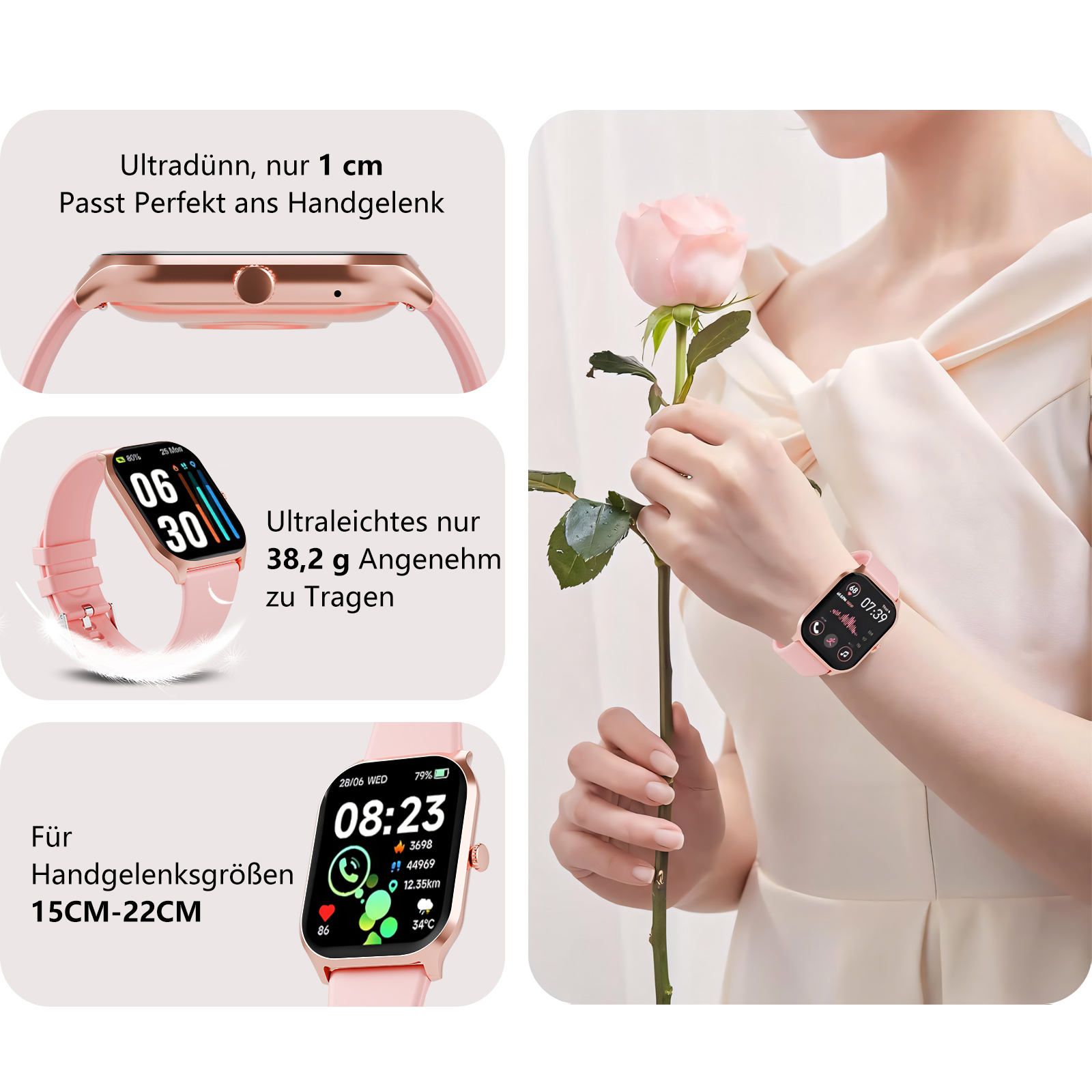 Frau mit rosa Smartwatch, Produktaufnahmen der Uhr und Funktionen.