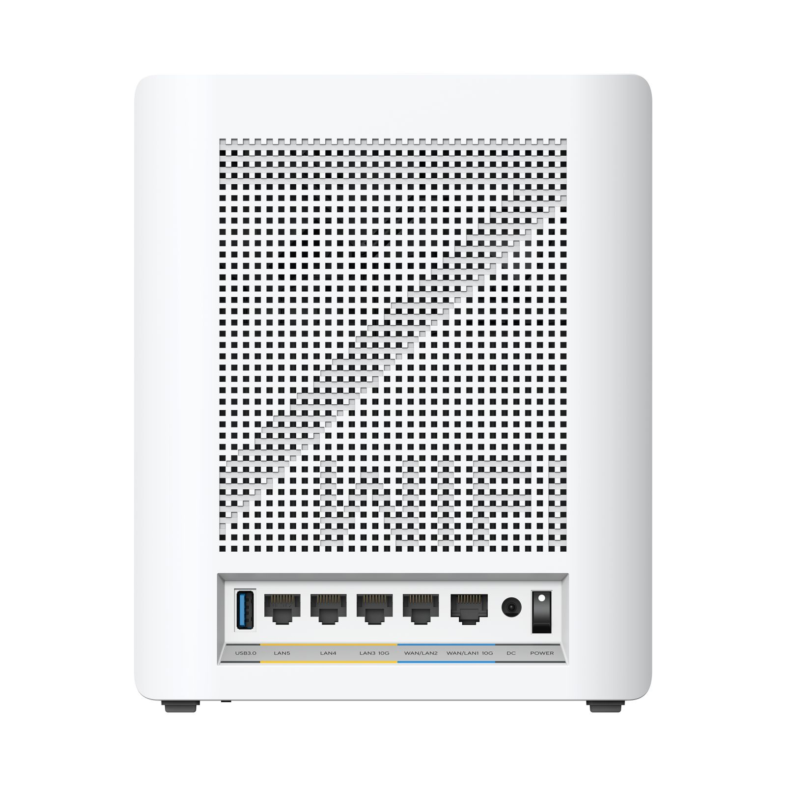 Die Rückseite eines weißen Routers mit mehreren Anschlüssen (USB, LAN, WAN, DC) und einem Ein-/Ausschalter, mit einem gitterartigen Design.