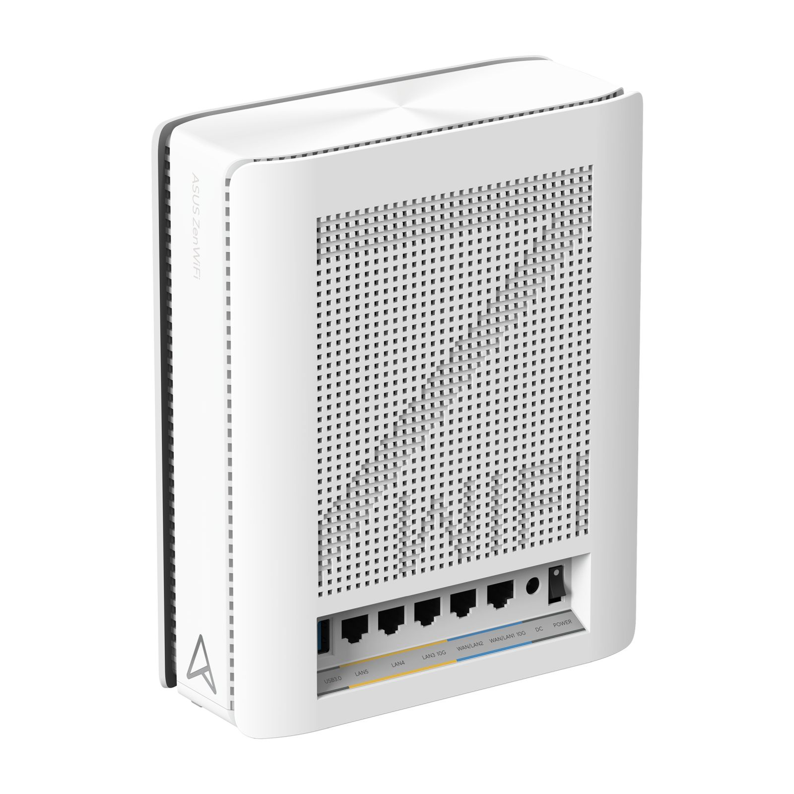 Ein weißer ASUS Zen WiFi-Router mit verschiedenen Anschlüssen, Anschlüsse sind beschriftet. Das Gerät steht auf weißem Grund.