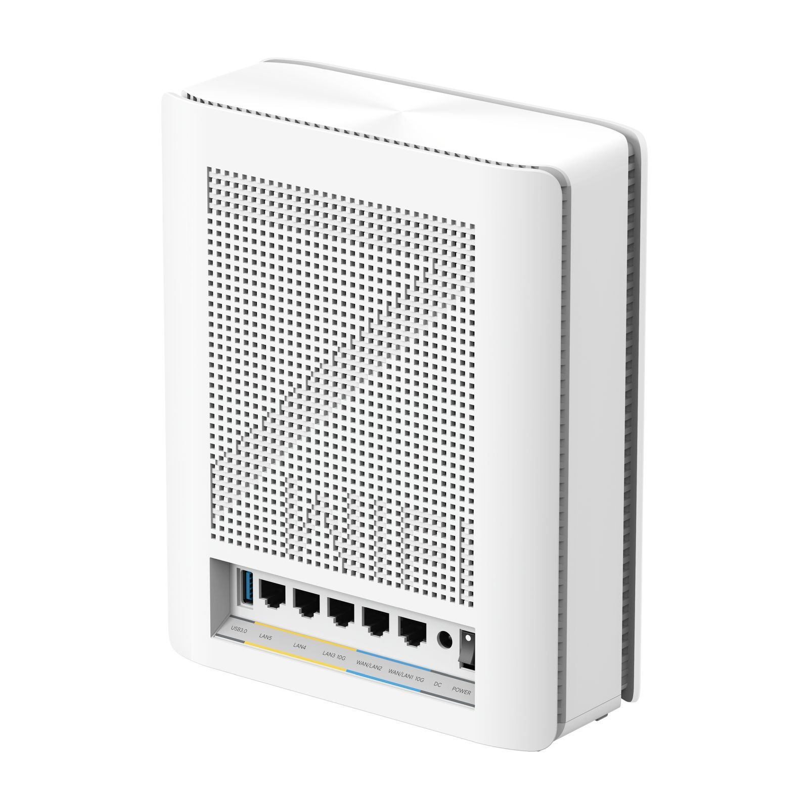 Weißer Router mit Lüftungslöchern, verschiedenen Anschlüssen und Ein-/Aus-Taste. Isoliert auf weißem Hintergrund.