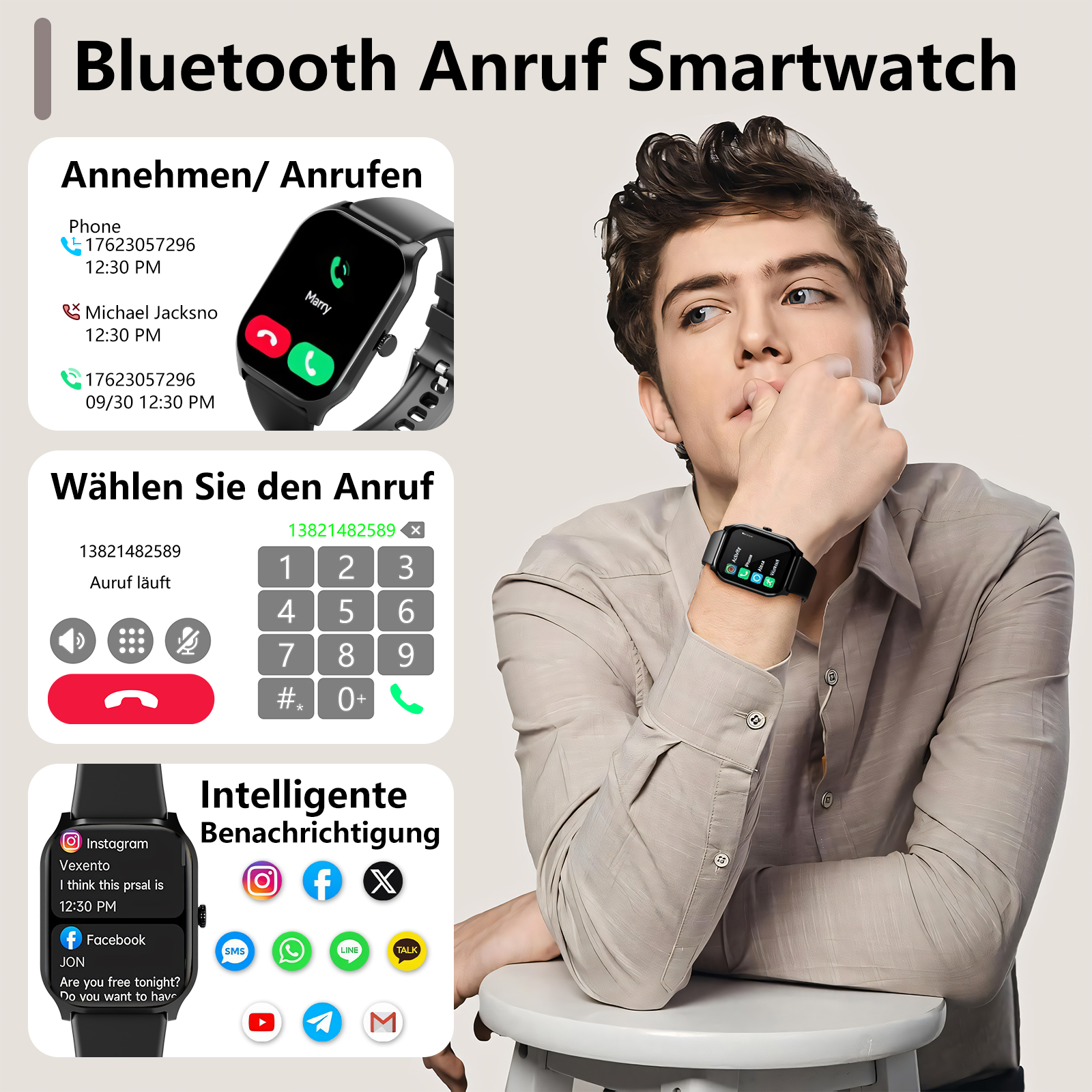 Mann benutzt Smartwatch, mit Anruf- und Nachrichten-Oberfläche und anderen Symbolen.