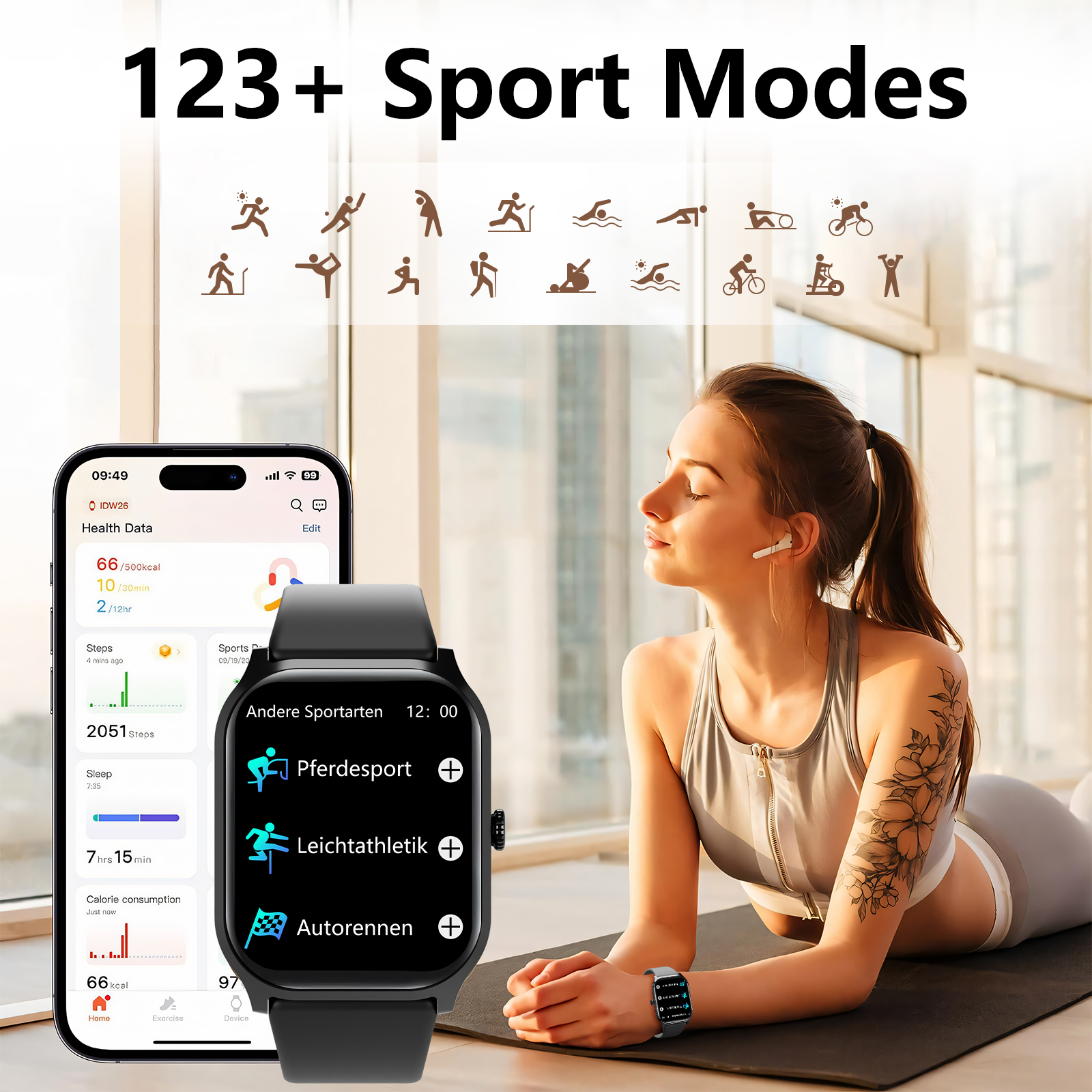 Frau mit Smartwatch, trainierend. Telefon zeigt Gesundheitsdaten, Uhr Sportmodi.