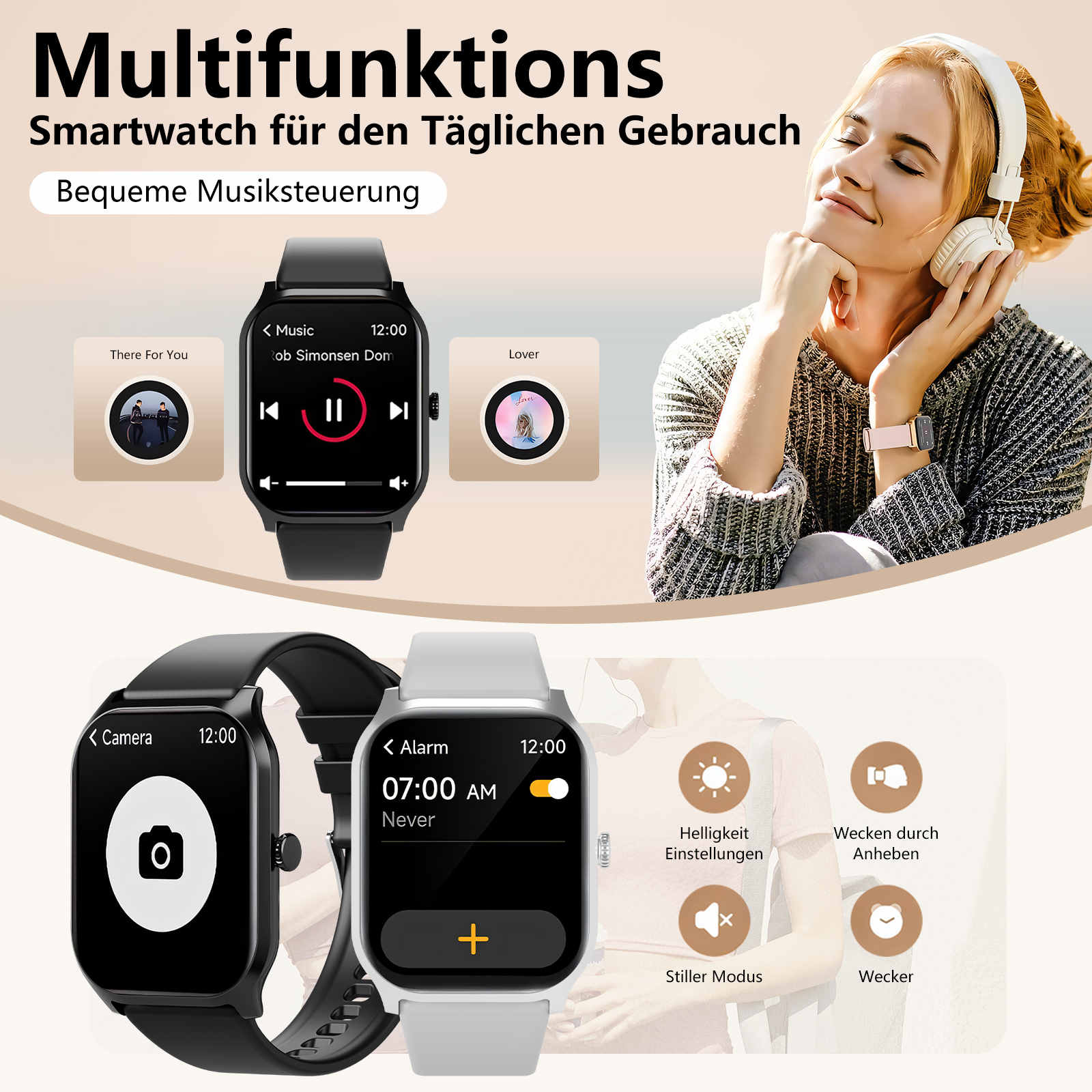Smartwatch mit drei Bildschirmen, Frau mit Kopfhörern.