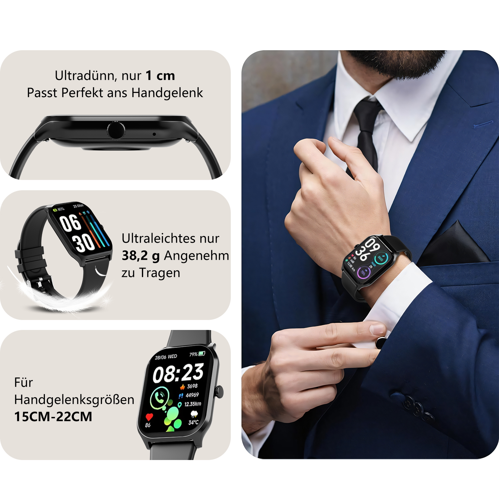 Smartwatch zeigt Zeit und Statistiken, Text: 'Ultradünn, nur 1 cm'. Mann im Anzug.