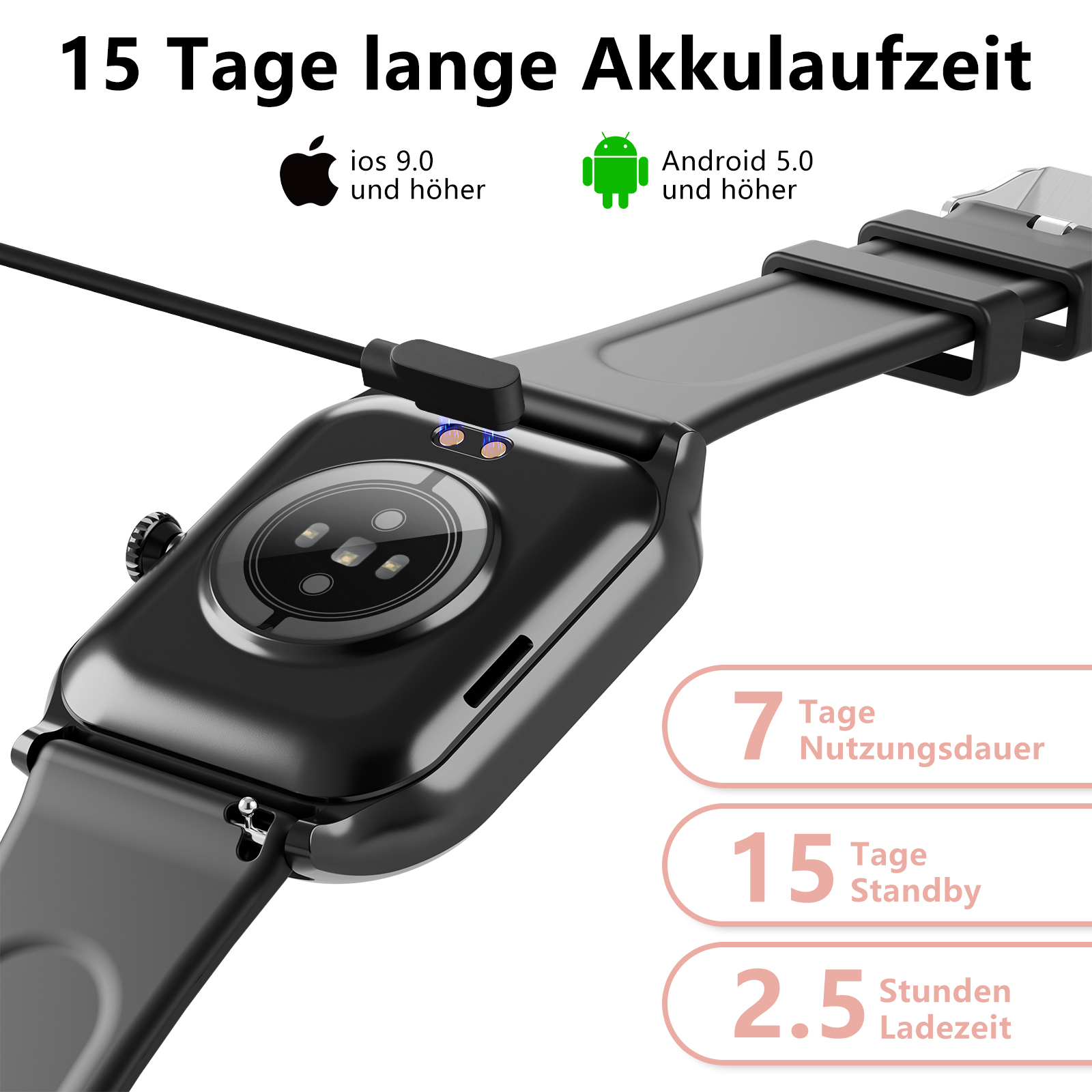 Eine schwarze Smartwatch mit Ladekabel und schwarzem Armband.