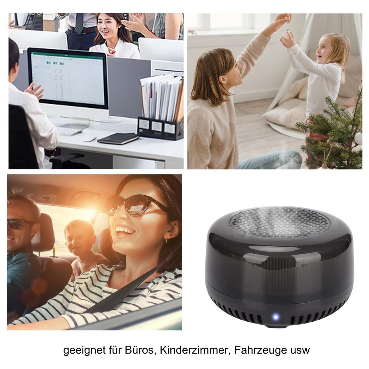 Vier Bilder: Büroszene, Mutter und Kind, Auto mit Familie und ein schwarzer Luftreiniger.