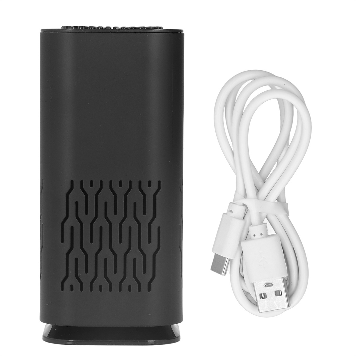Ein schwarzer Luftreiniger mit USB-C-Kabel und USB-Kabel.