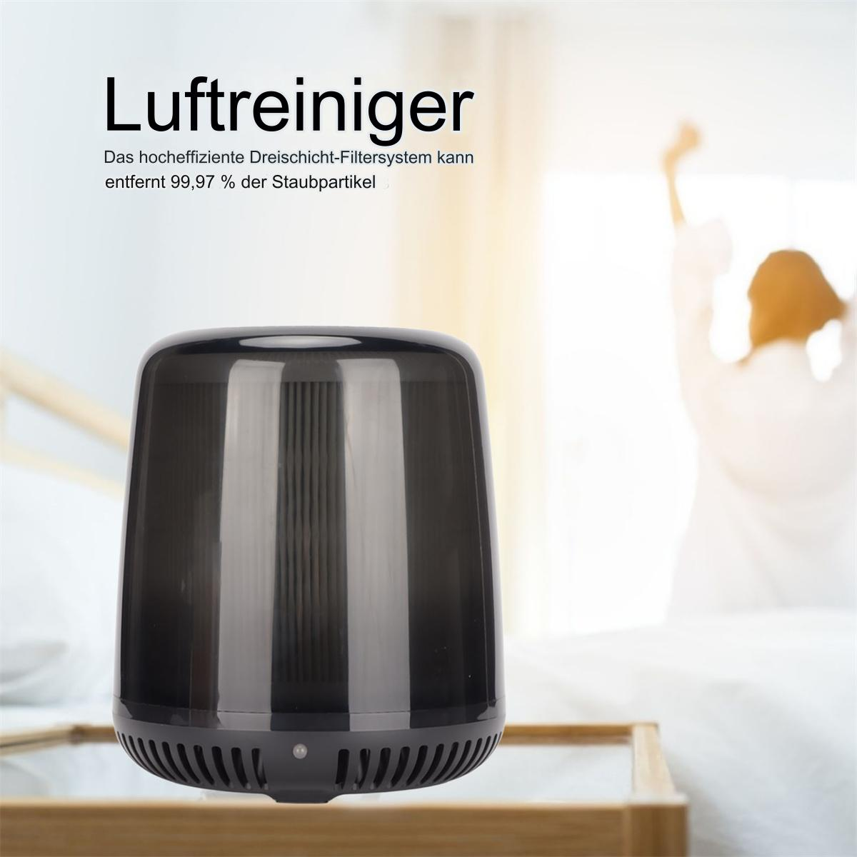 Schwarzer Luftreiniger. Text: 'Luftreiniger' und Beschreibung des Dreifach-Filtersystems.