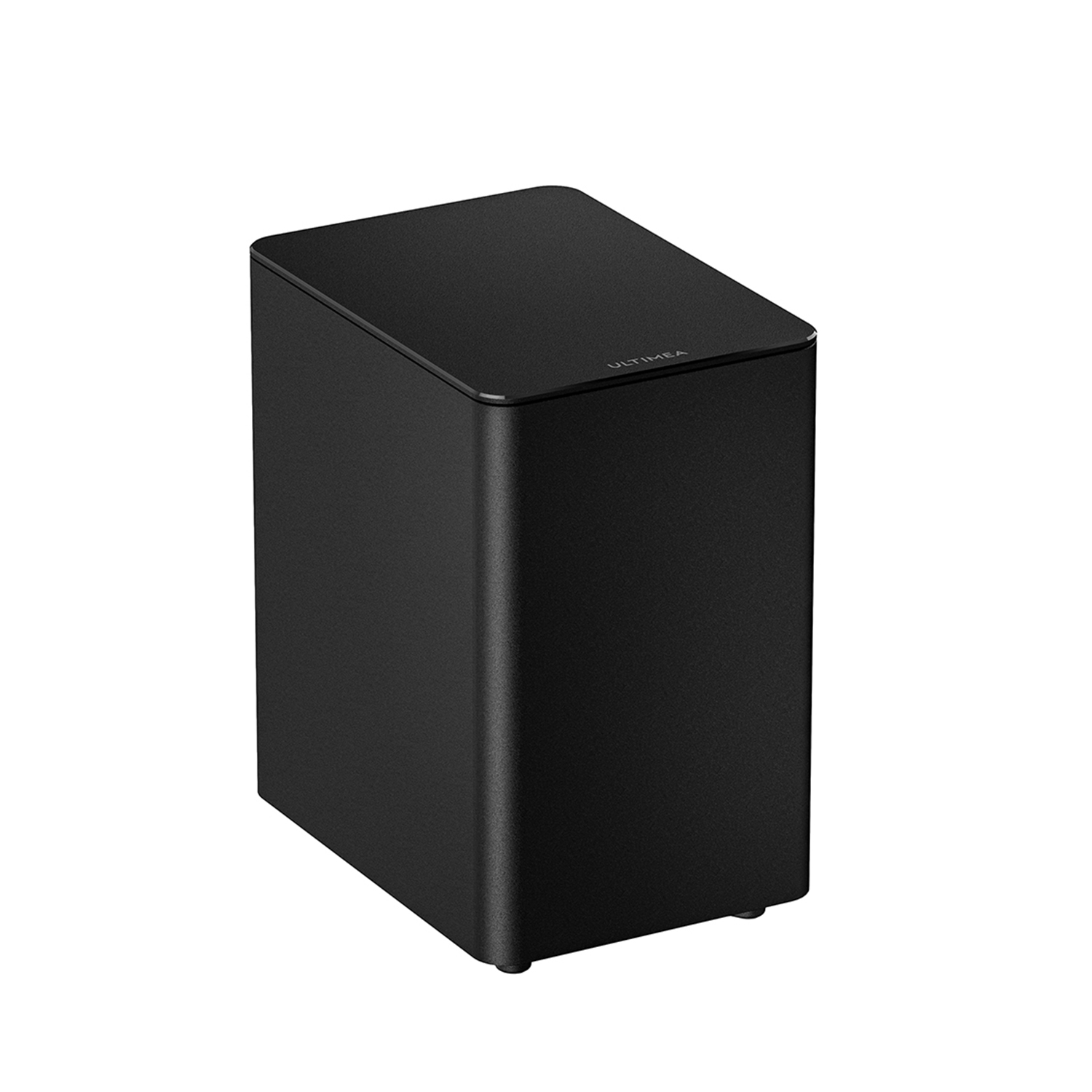 Schwarzer rechteckiger Subwoofer mit abgerundeten Kanten, auf weißem Hintergrund. Das Wort 'ULTIMEA'.