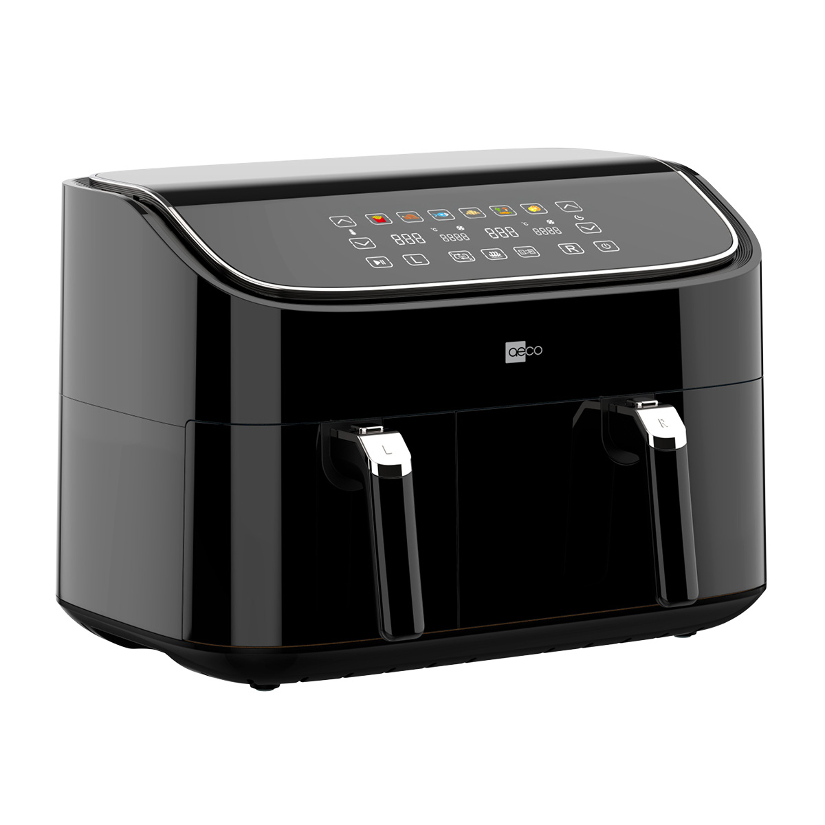 Eine schwarze Heißluftfritteuse mit zwei Körben und digitalem Display und Bedienfeld.