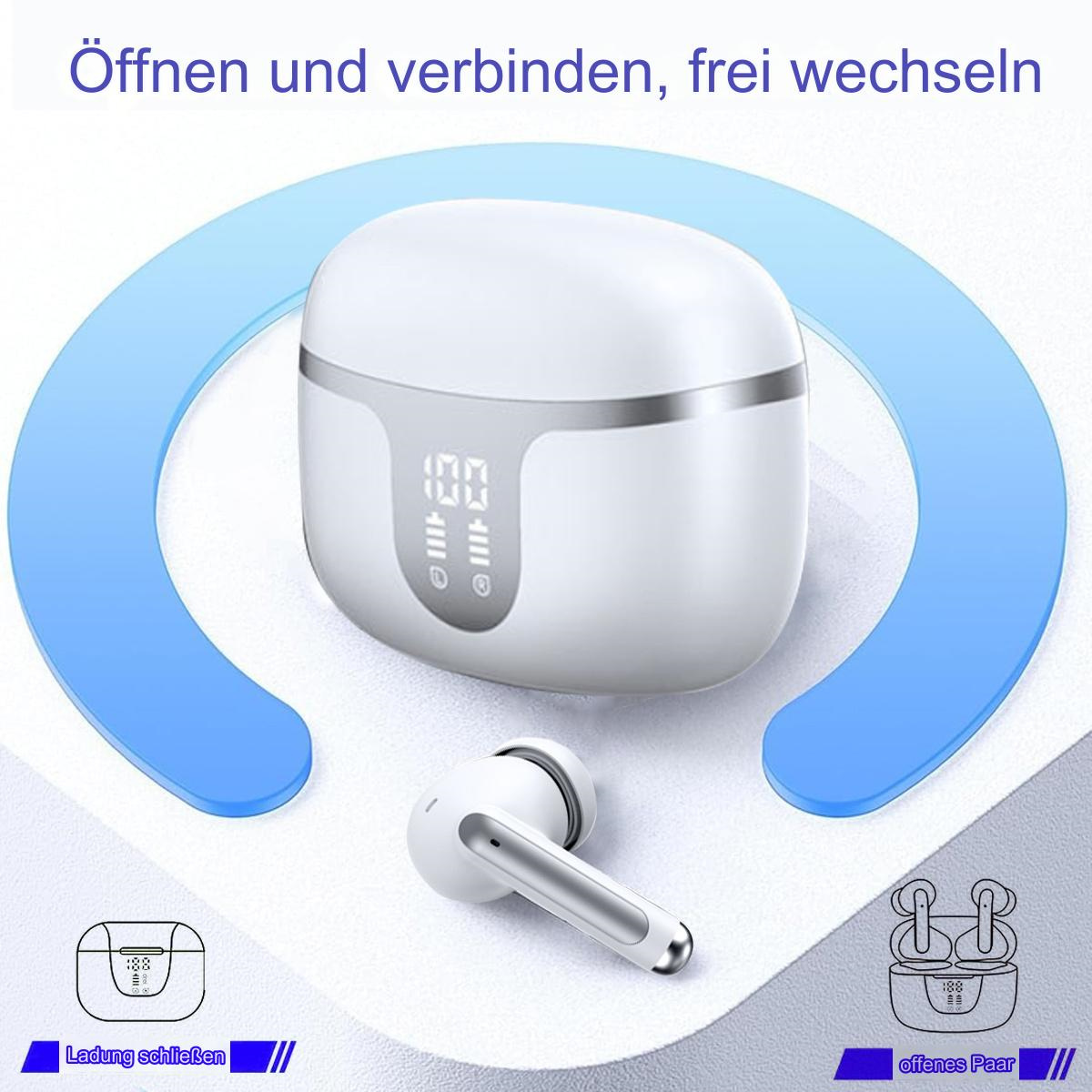 Weiße Ohrhörer in einem Ladecase, mit einer blauen Grafik.