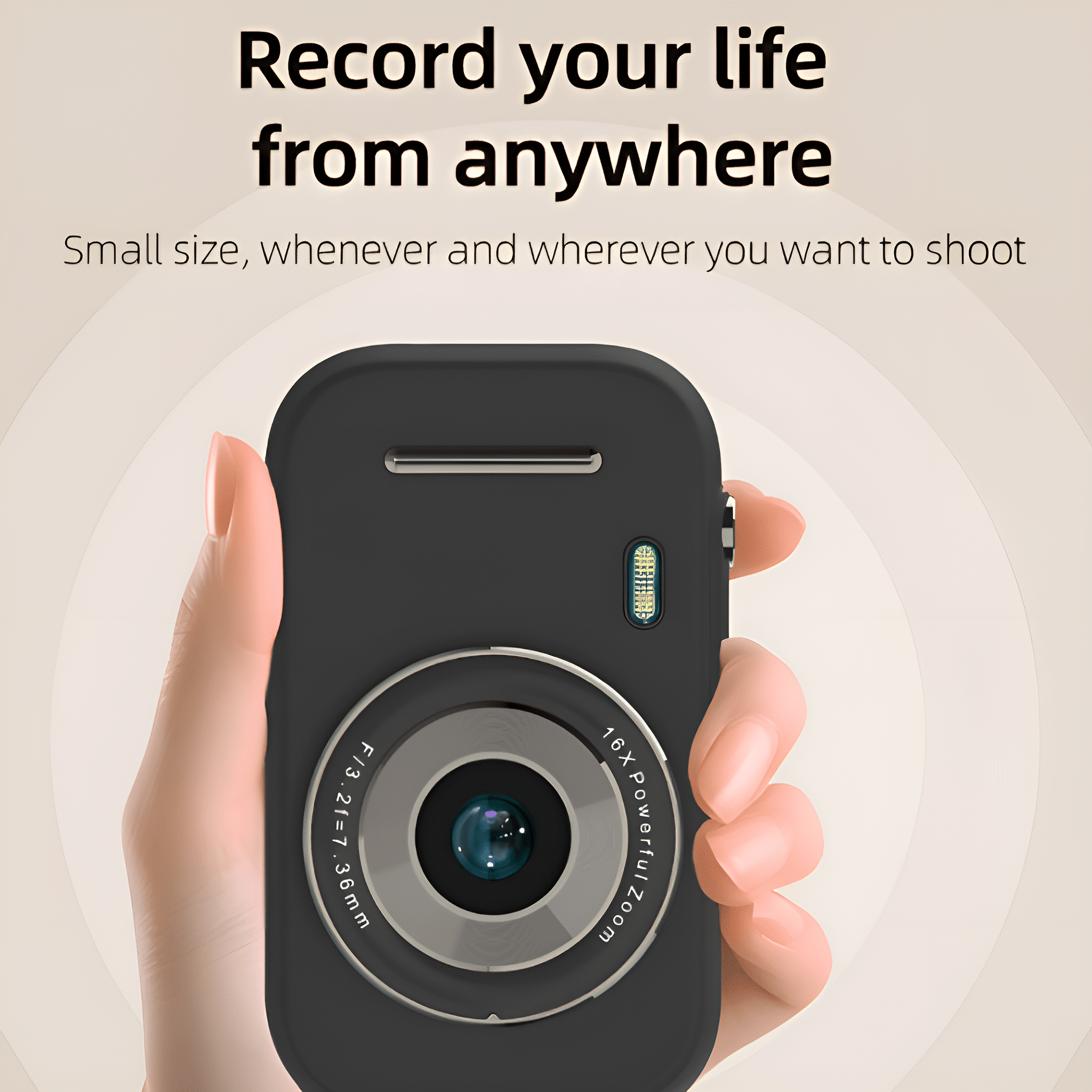 Hand hält schwarze Kamera mit Objektiv und Text 'Record your life'.