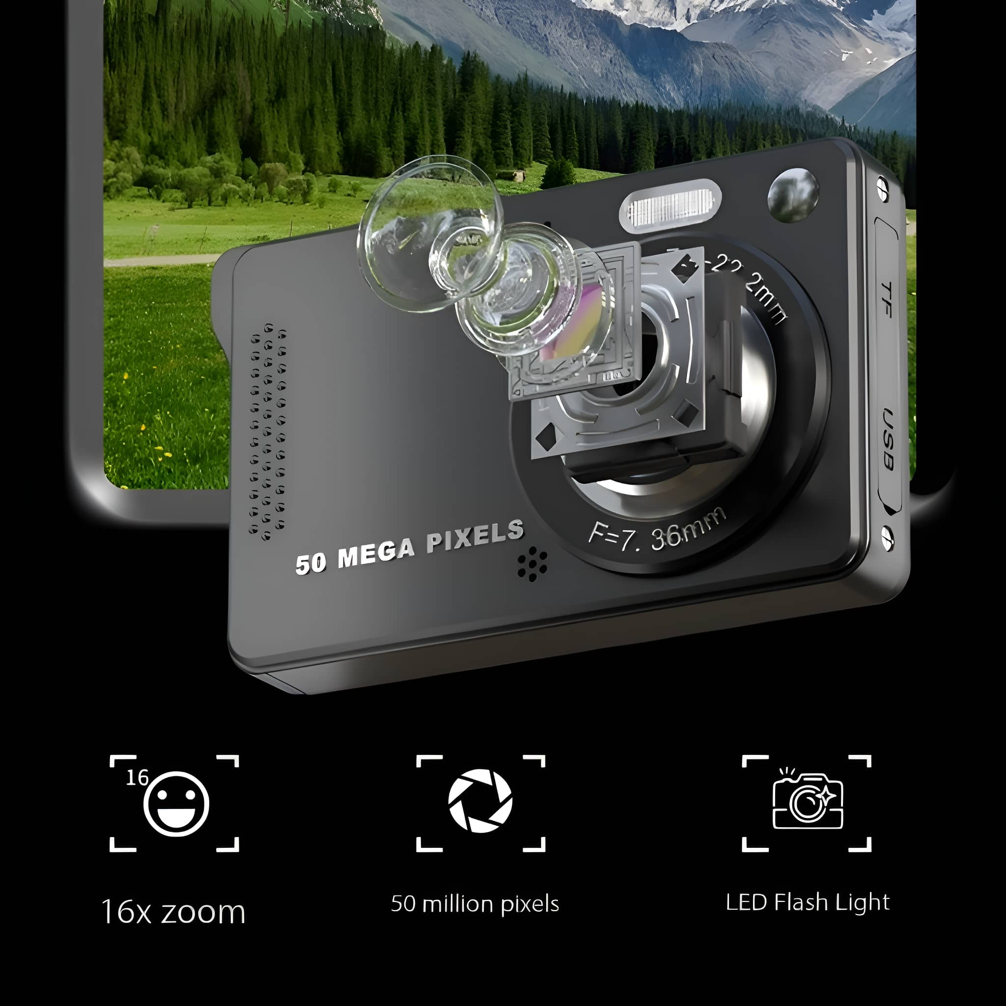 Eine Digitalkamera, die ihre Funktionen zeigt: 50 Megapixel, 16x Zoom und LED-Blitzlicht.