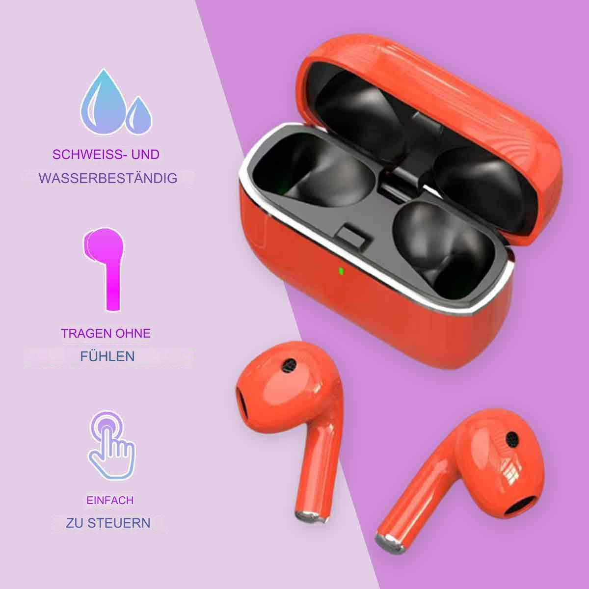 Rotes Kopfhörer-Etui mit zwei Kopfhörern und Text über Schweiß und Steuerung.