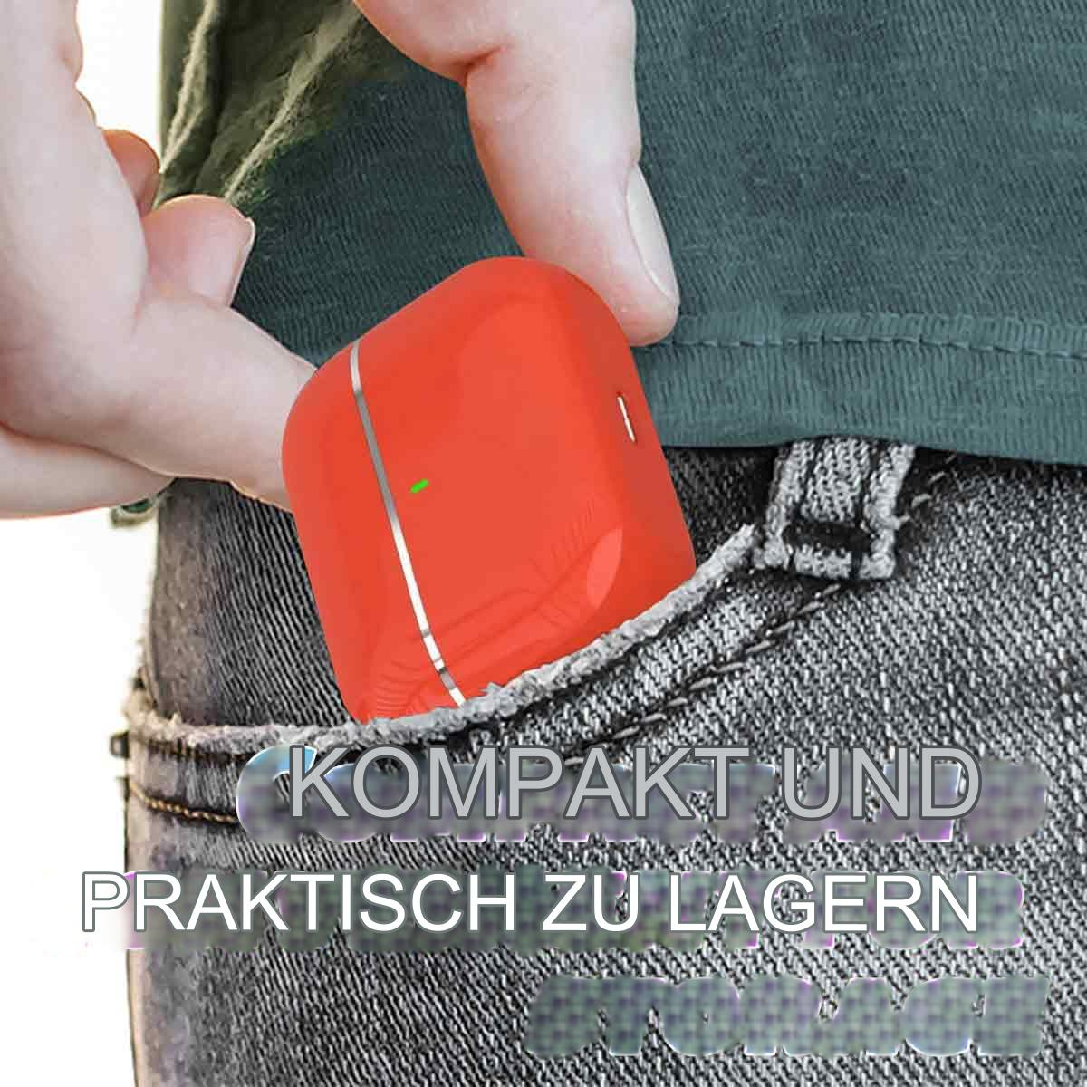 Eine Hand legt ein kleines, rotes Gerät in eine Jeanstasche. Das Gerät hat einen Silberstreifen.