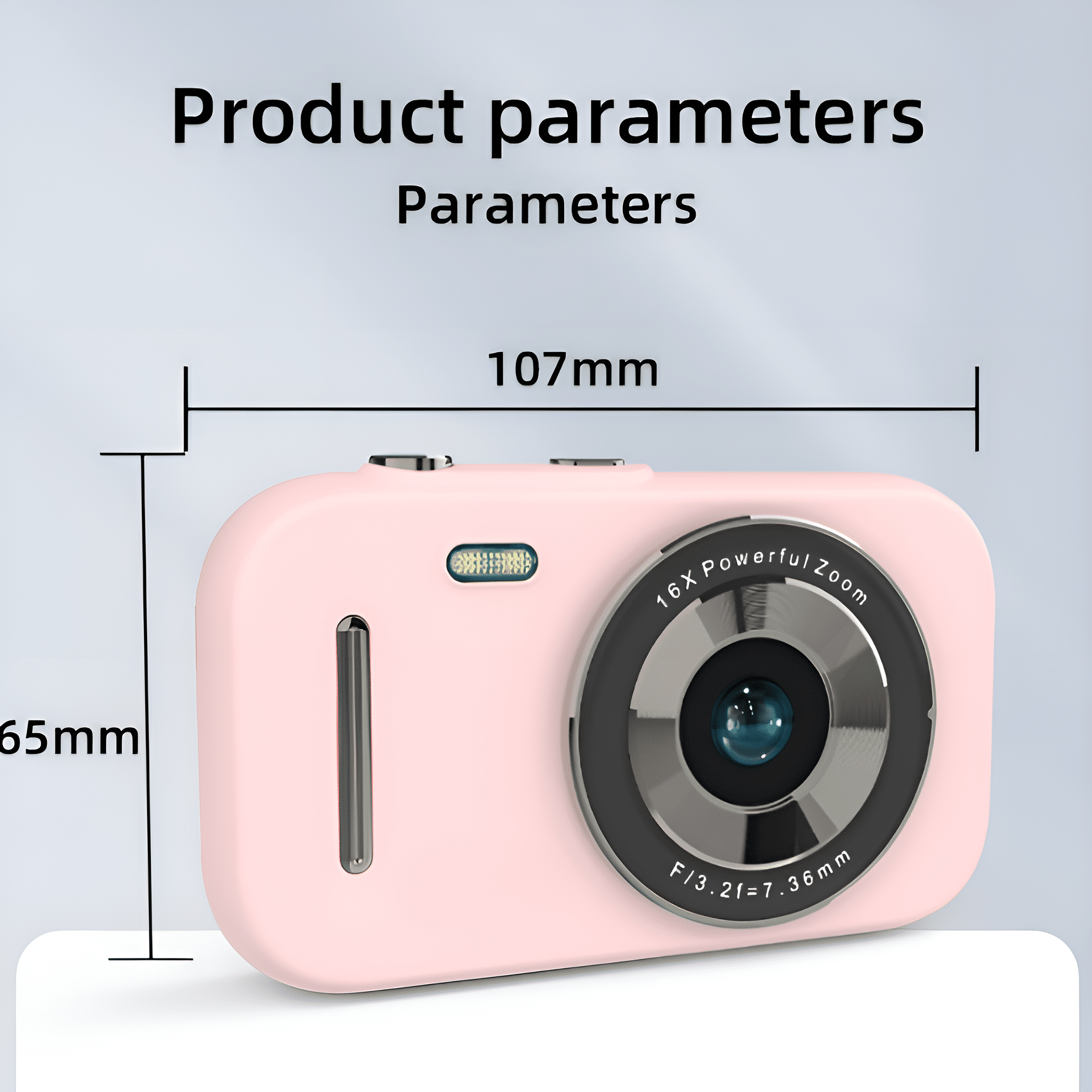 Rosa Digitalkamera mit Zoomobjektiv. Text: 'Produktparameter'.