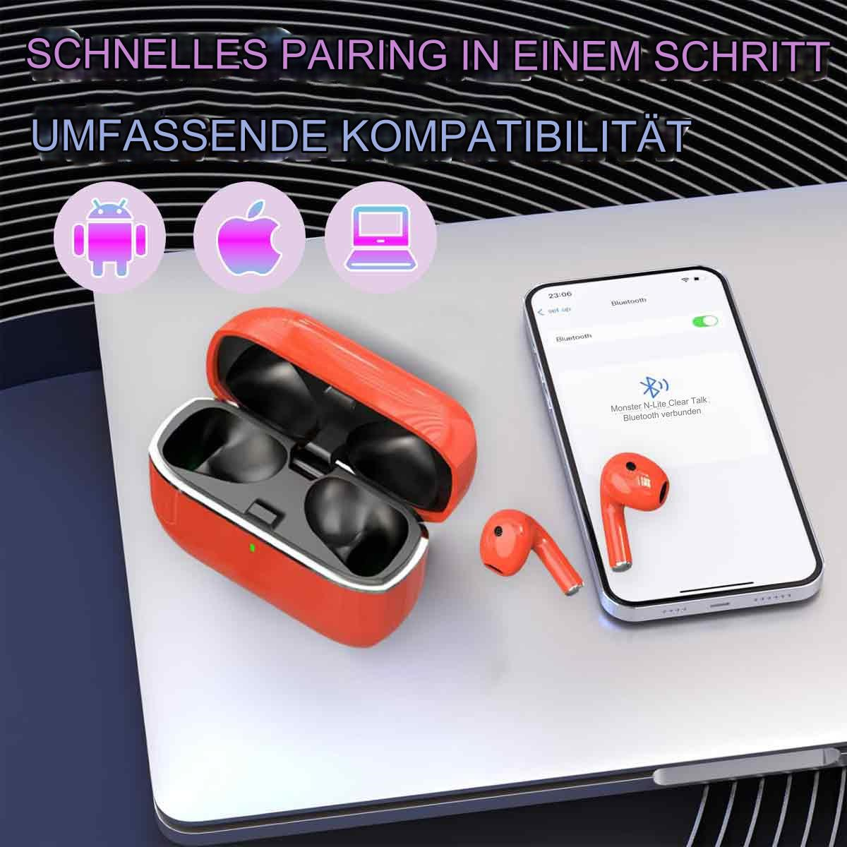 Rote kabellose Ohrhörer mit Ladeetui auf einem Laptop und ein Telefonbildschirm.