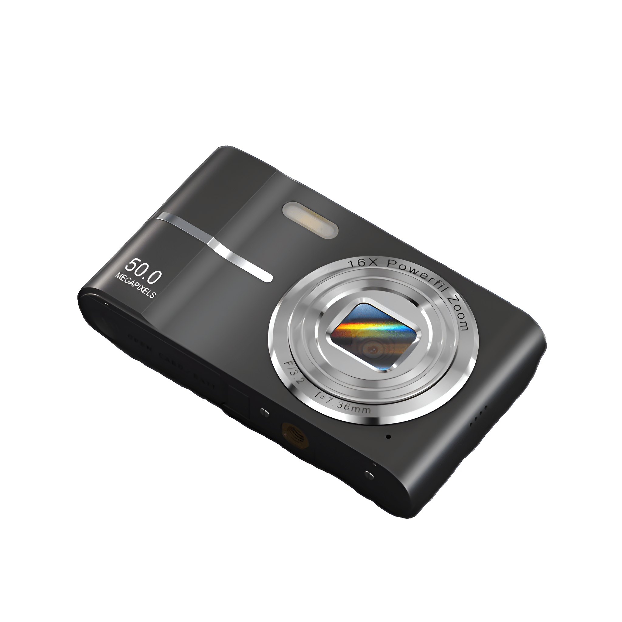 Schwarze Digitalkamera mit silbernem Objektiv und 50,0 Megapixeln.