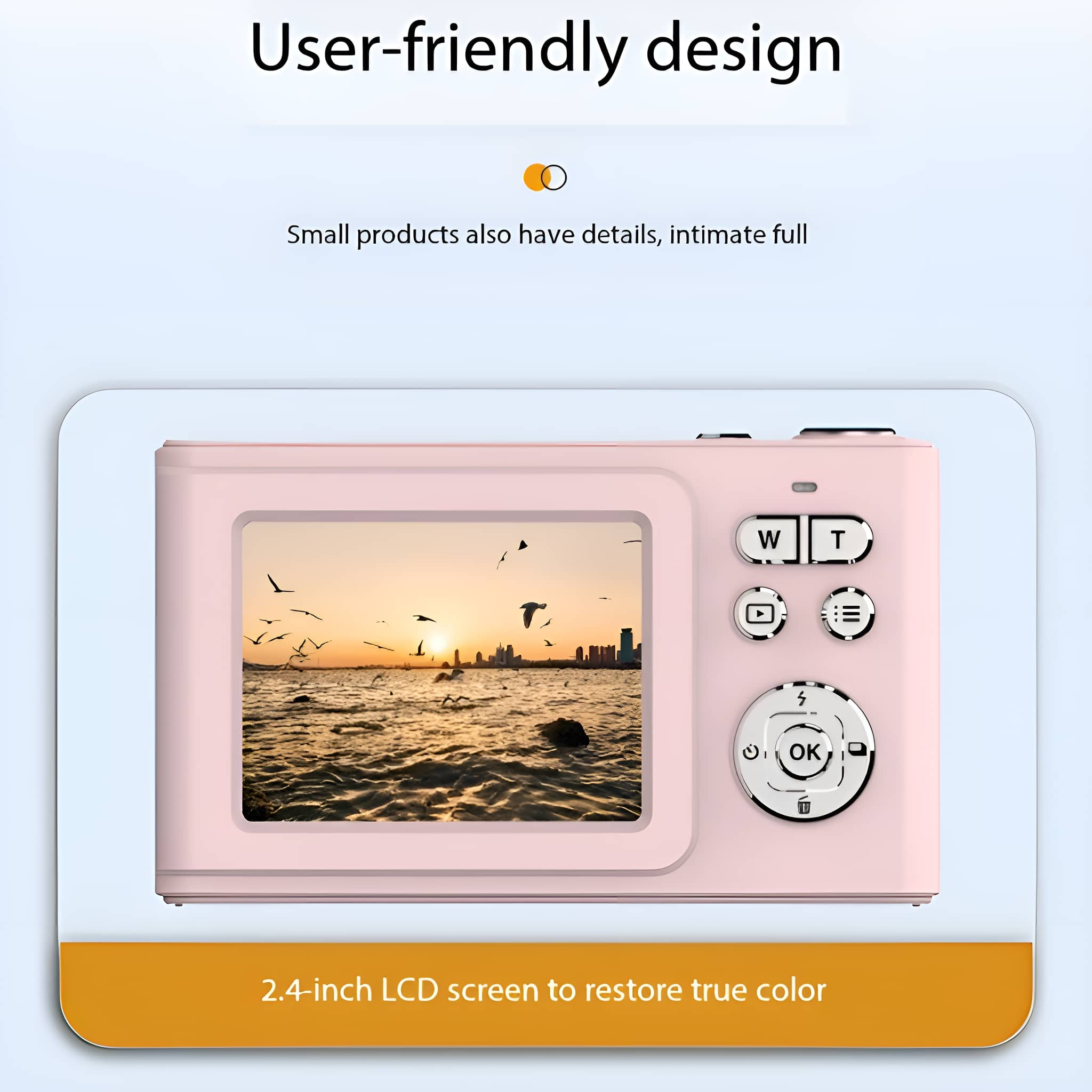 Rosa Kamera mit Bildschirm, der eine Strandszene zeigt. Knöpfe und Text '2,4-Zoll-LCD-Bildschirm'.