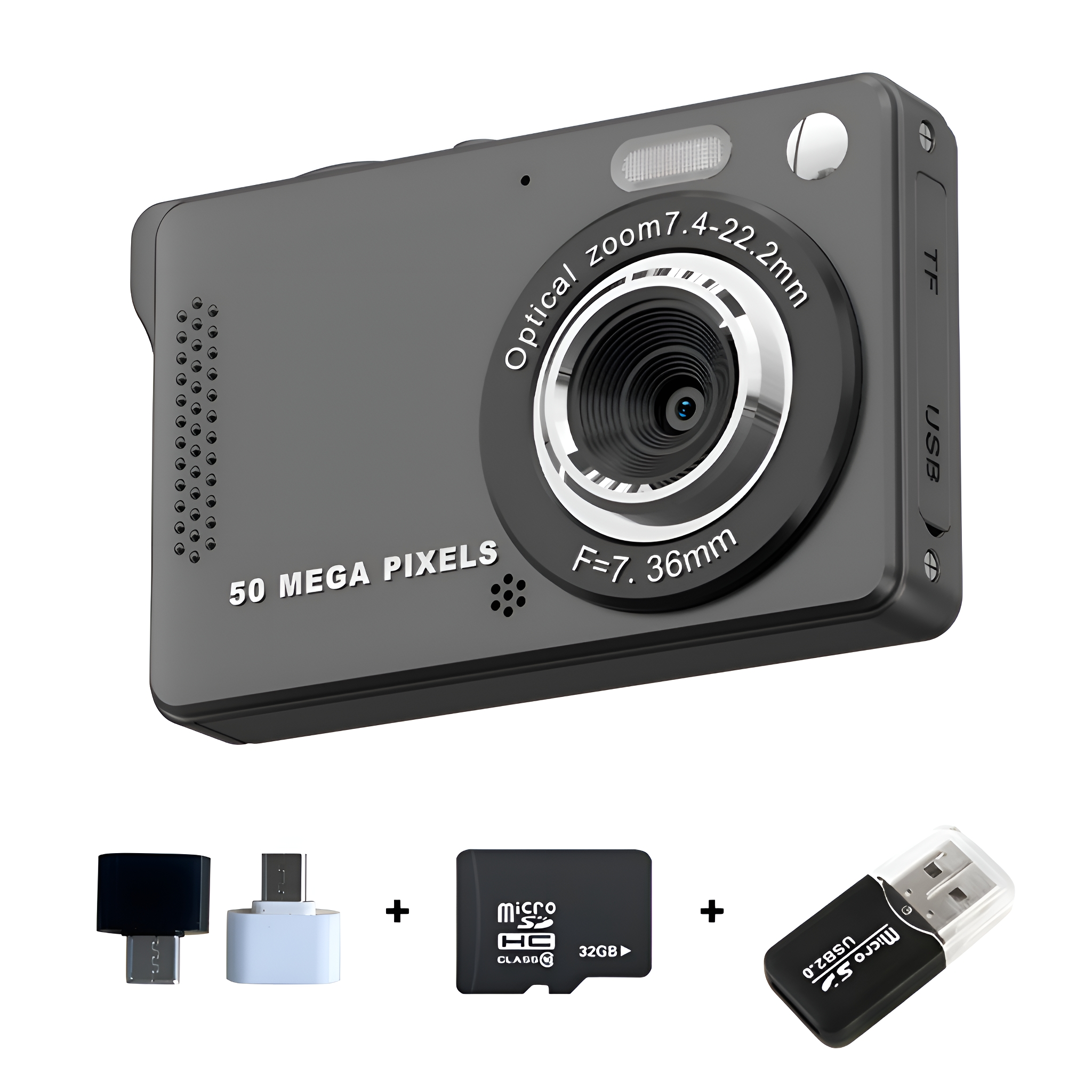 Schwarze Digitalkamera mit Zubehör: Adapter, Micro-SD-Karte und USB-Leser.