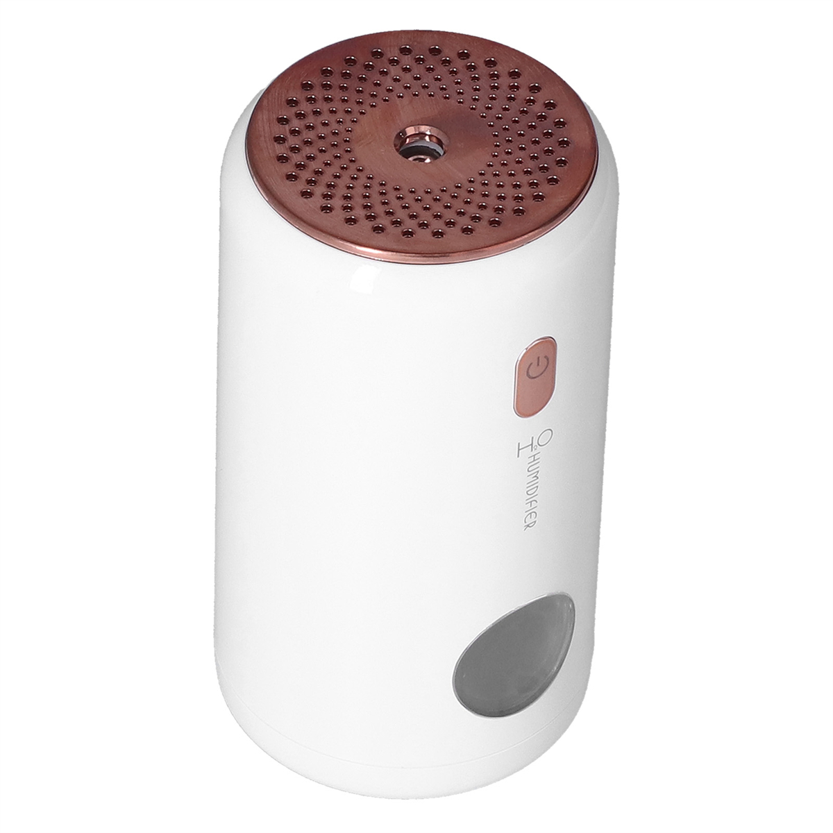 Weißer Luftbefeuchter mit Kupferoberteil. Hat das Wort 'HUMIDIFIER' darauf.