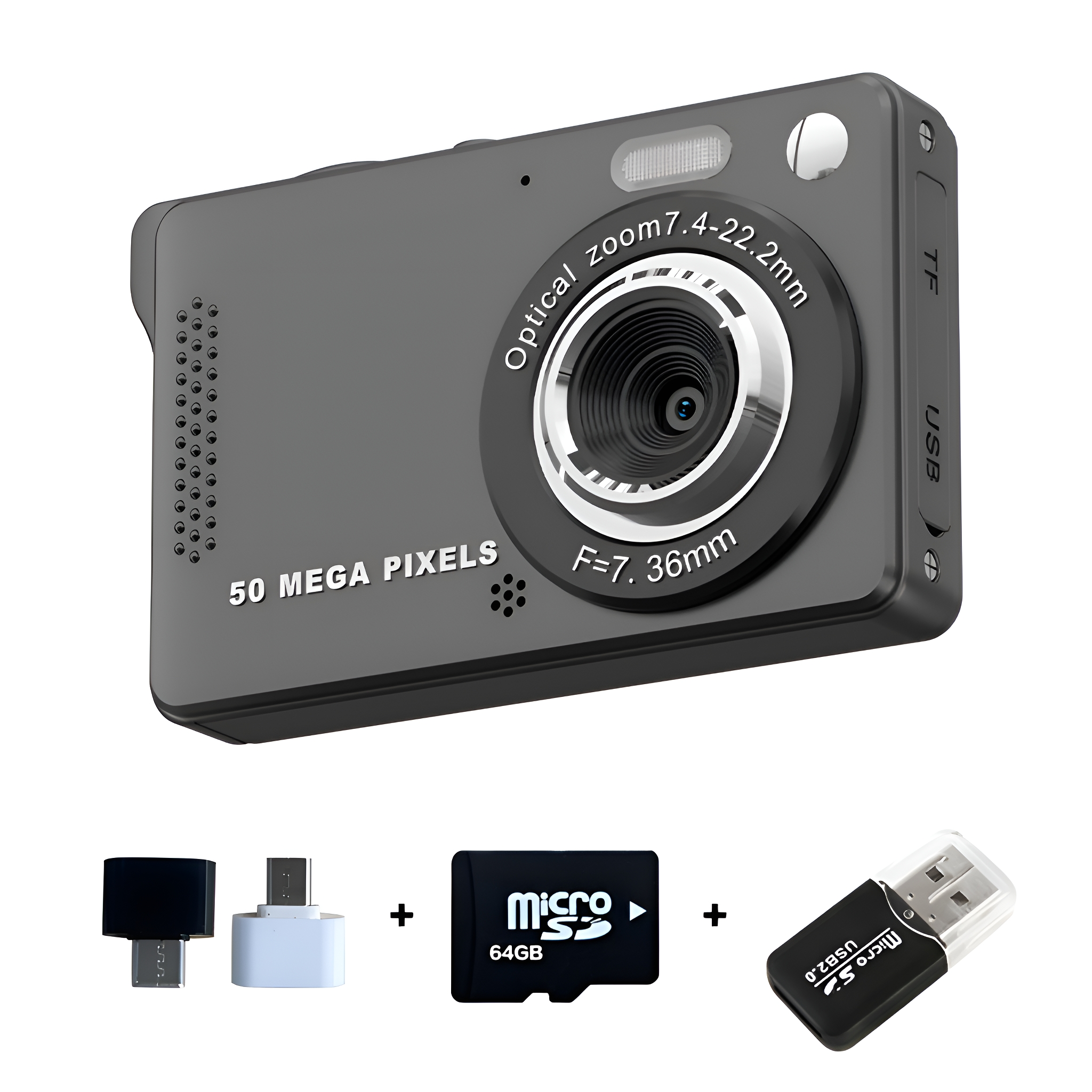 Graue Digitalkamera mit Objektiv und Zubehör: SD-Karte und Adapter.