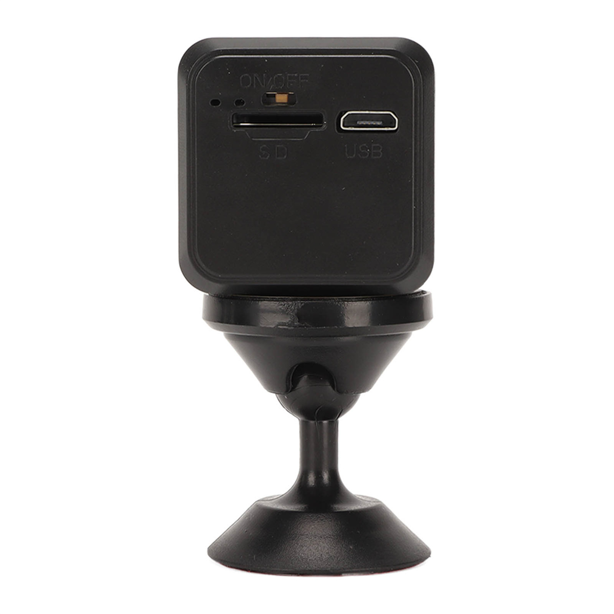 Kleine schwarze Überwachungskamera mit SD-Karte und USB-Anschlüssen. Schwarzer Ständer.
