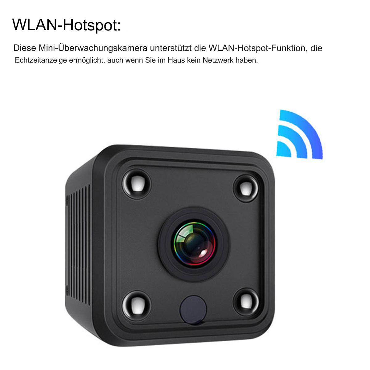 Eine kleine schwarze Kamera mit einem blauen WLAN-Symbol daneben, auf weißem Hintergrund.