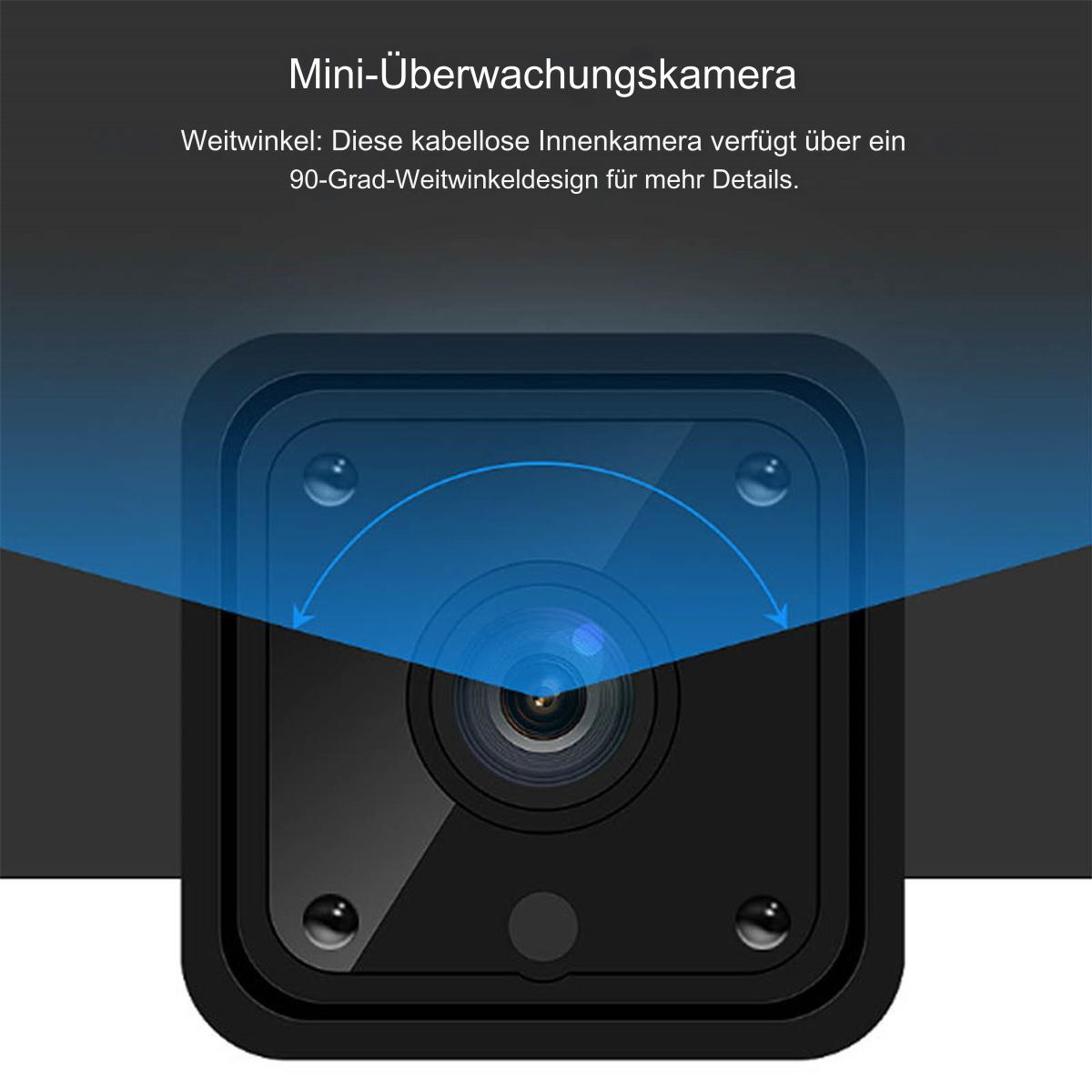 Mini-Überwachungskamera mit Weitwinkel und blauen Pfeilen.
