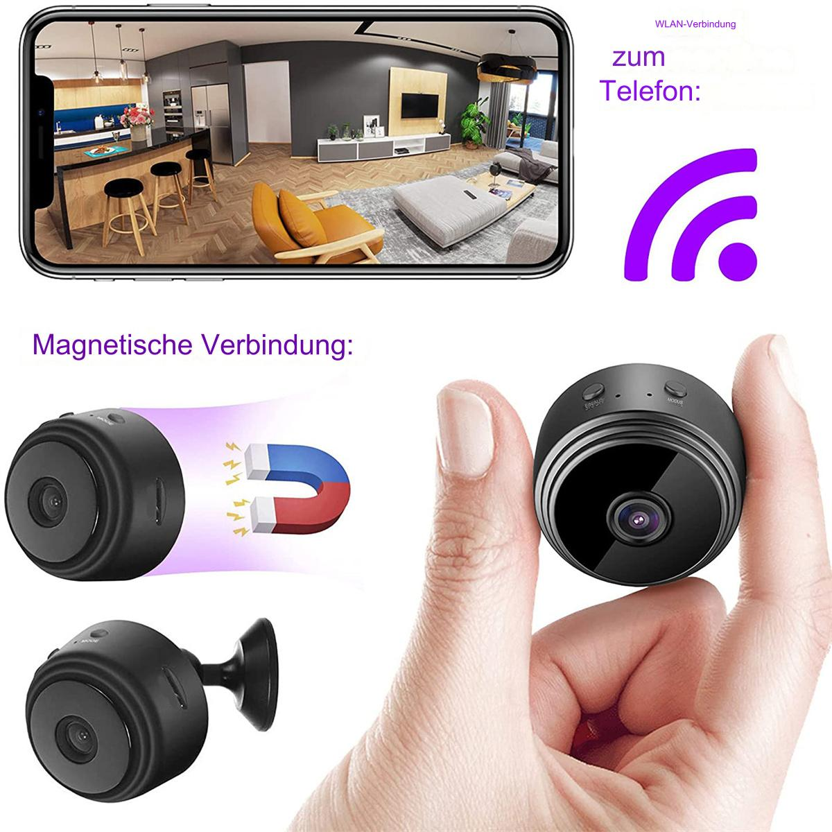 Eine schwarze Überwachungskamera und ein Telefonbildschirm mit Kücheninterieur. Die Kamera ist klein.