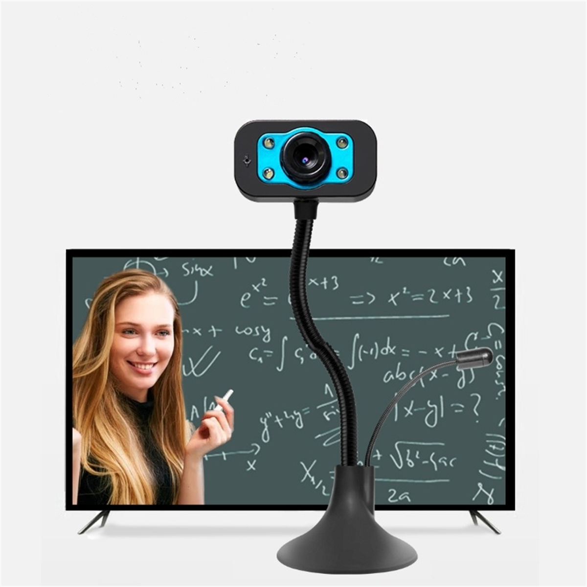 Eine Webcam mit flexiblem Ständer vor einem Bildschirm, der eine unterrichtende Frau zeigt.
