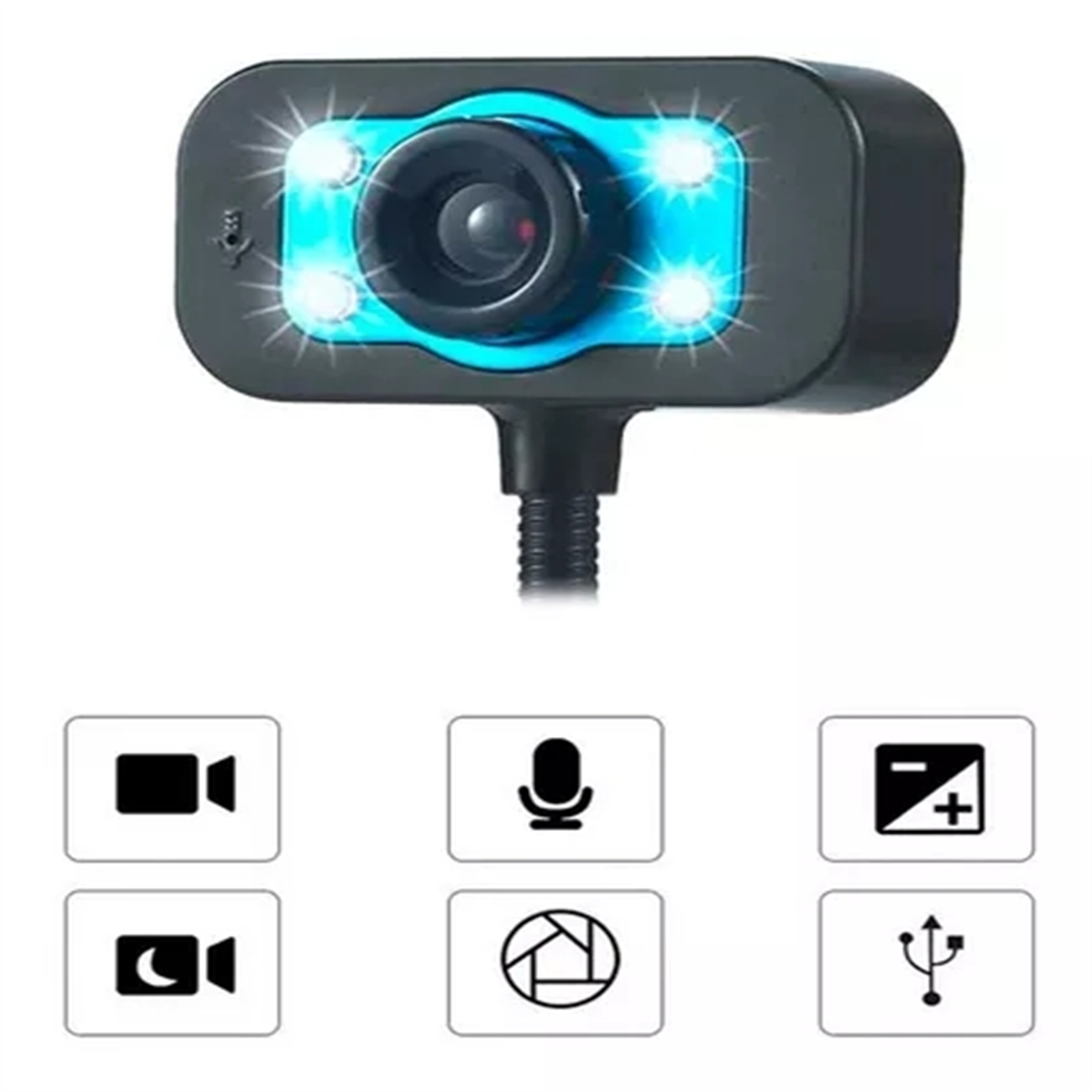 Webcam mit schwarzem Rahmen, blauem Licht und vier weißen LEDs. Ein schwarzer, flexibler Arm stützt die Kamera.