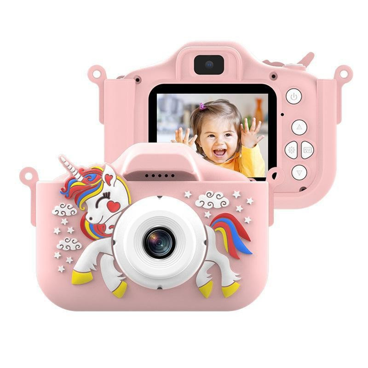 Eine pinkfarbene Kamera für Kinder mit Einhorn-Motiv und einem Bildschirm, der das Gesicht eines Kindes zeigt.