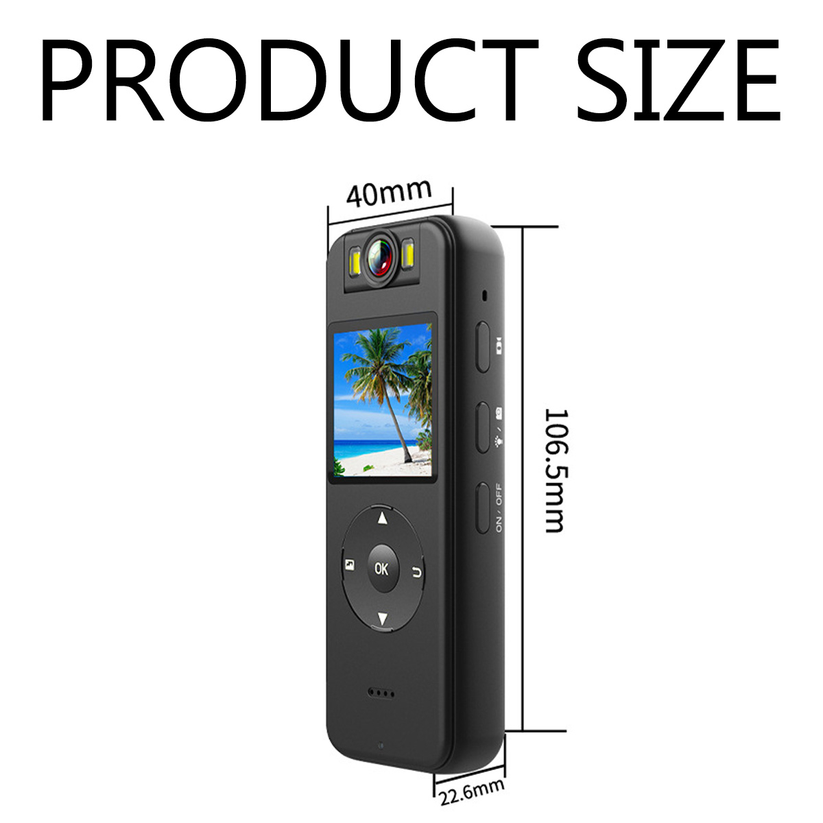 Eine schwarze Kamera mit Bildschirm wird gezeigt. Die Größe wird mit den Abmessungen 40 mm x 106,5 mm x 22,6 mm angegeben.