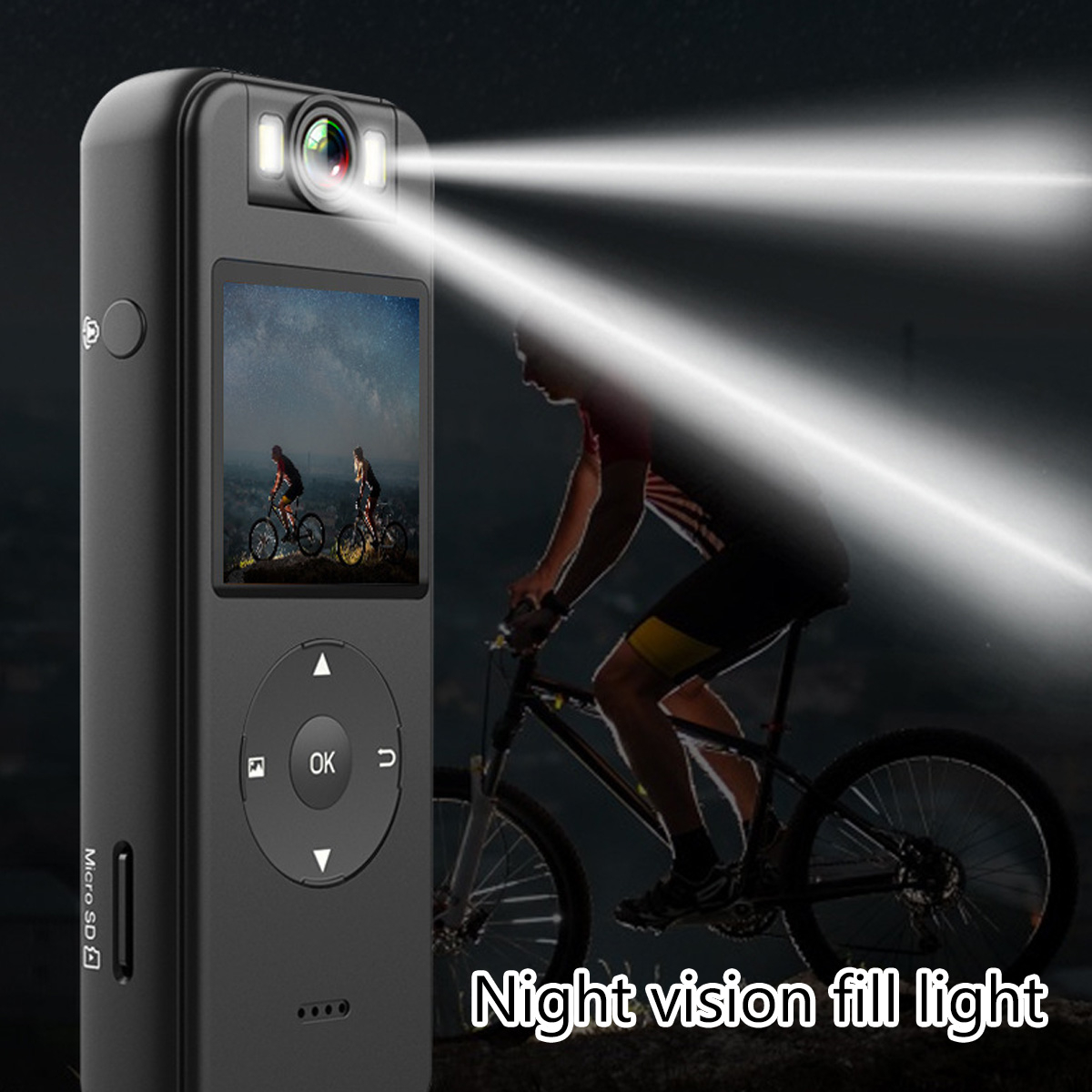 Schwarze Action-Kamera mit Licht, das auf einen Radfahrer scheint, zusammen mit Text.