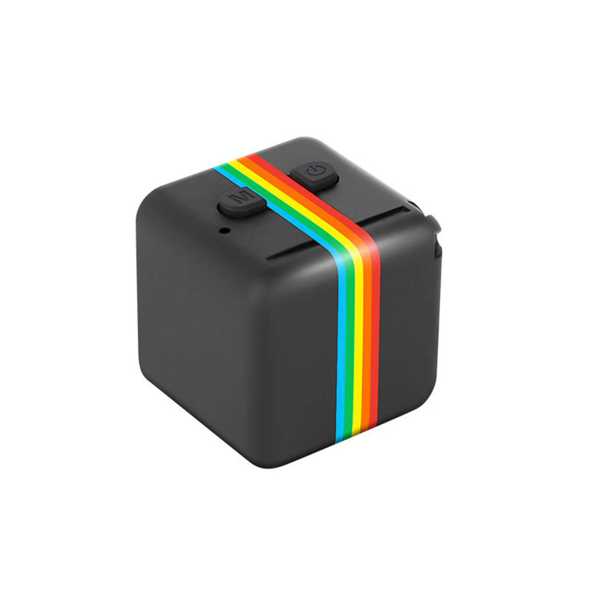 Schwarze, würfelförmige Kamera mit Regenbogenstreifen und zwei Knöpfen. Isoliert auf Weiß.
