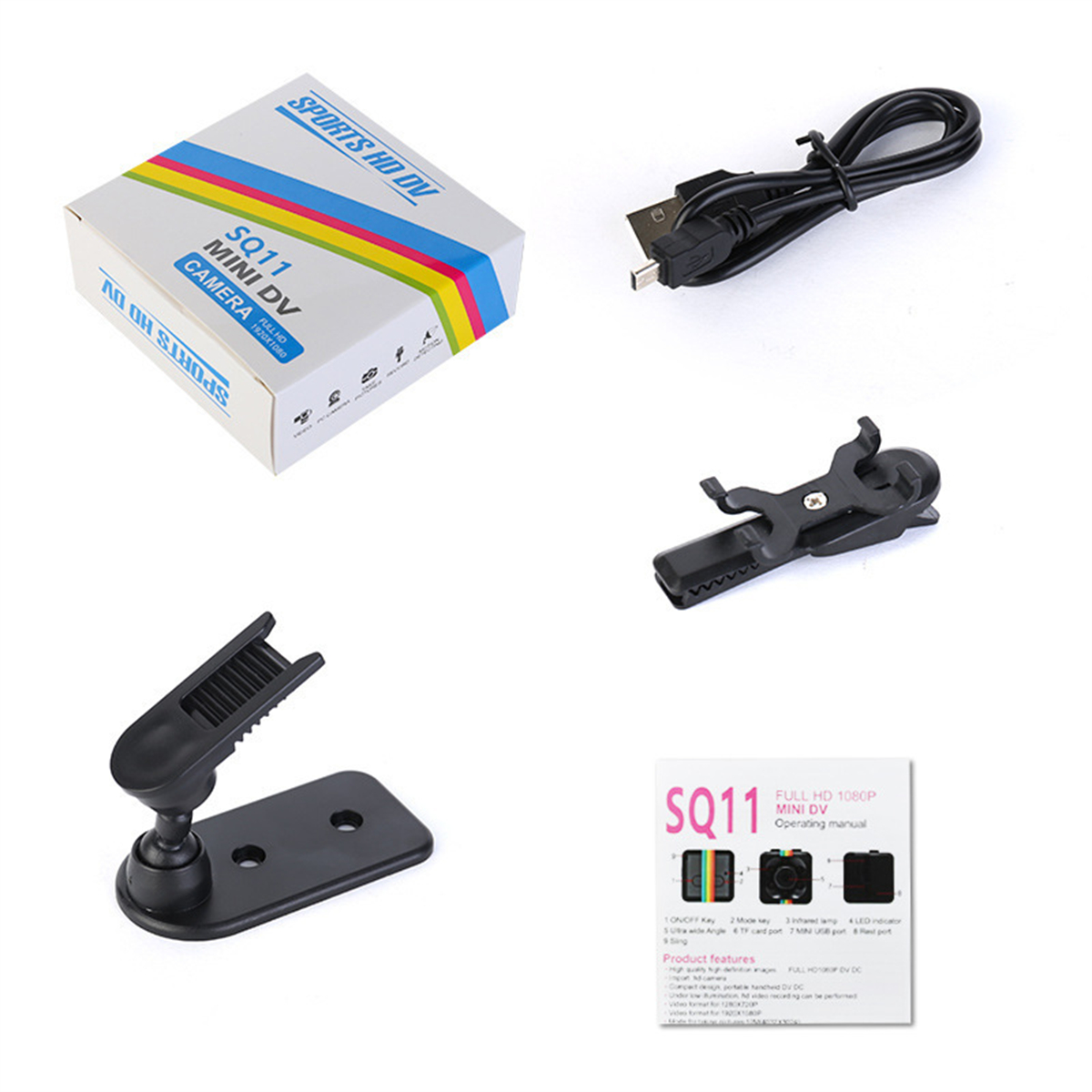 Weiße Box mit 'SPORTS HD DV' Text, Mini-Kamera, USB-Kabel, Clips und Benutzerhandbuch.