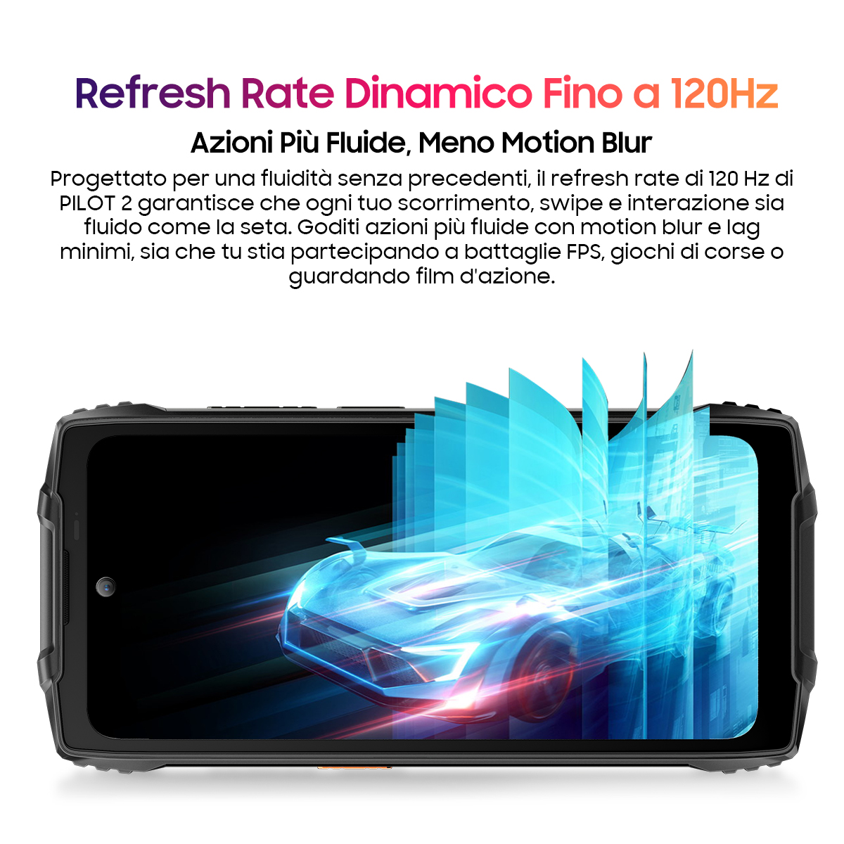 Tablet con grafica di auto che mostra frequenza di aggiornamento dinamica a 120Hz e sfocatura del movimento ridotta.