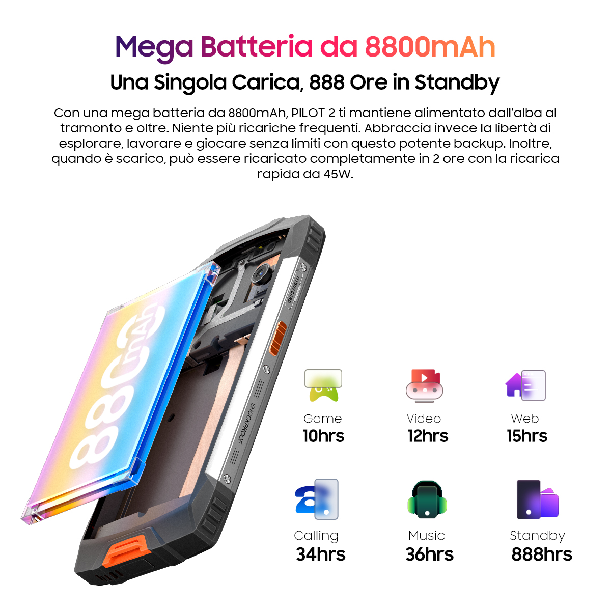 Un telefono con lo schermo aperto. Il telefono è nero e arancione e ha una batteria grande.