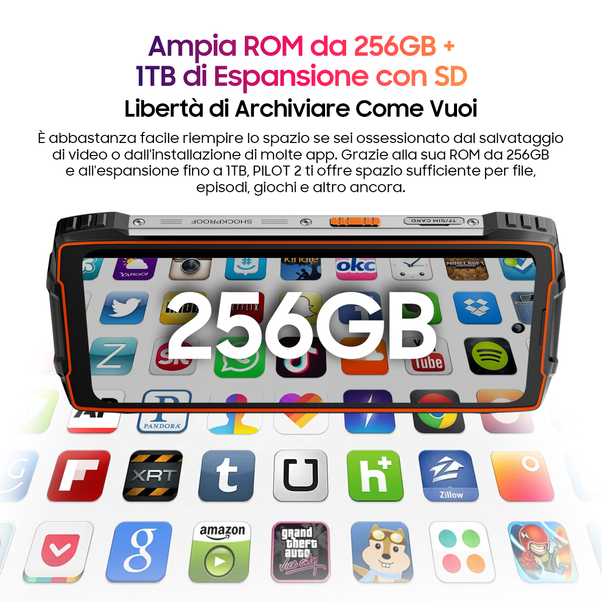 Schermo tablet che mostra 256GB di archiviazione, con icone di app e dettagli di archiviazione.