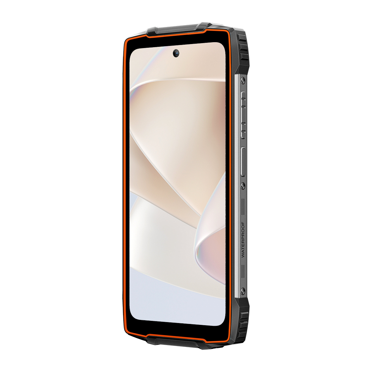 Smartphone nero e arancione robusto. Schermo con arte astratta. Pulsanti laterali. Sfondo bianco.