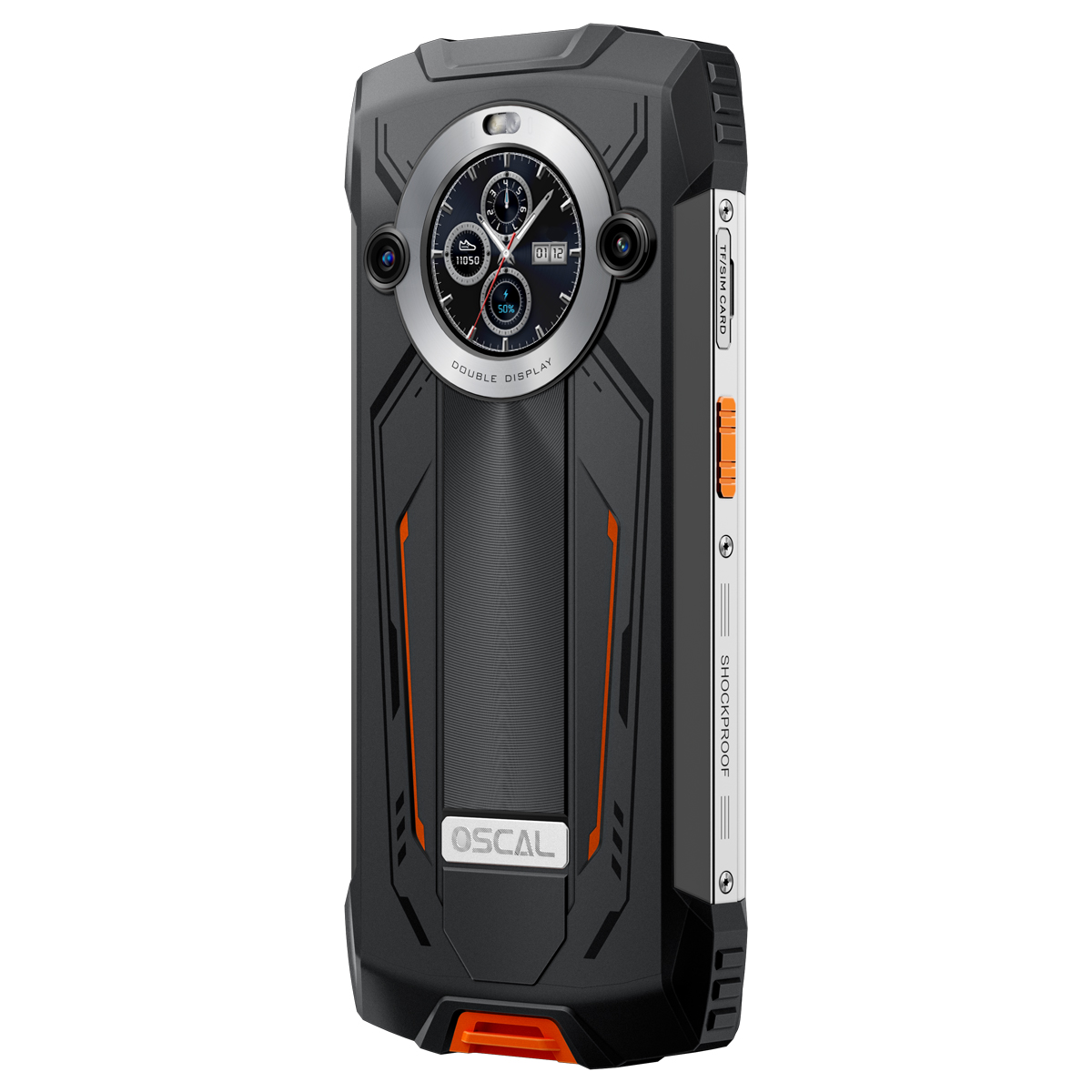 Smartphone nero rugged con doppio display, fotocamera e dettagli arancioni, su bianco.
