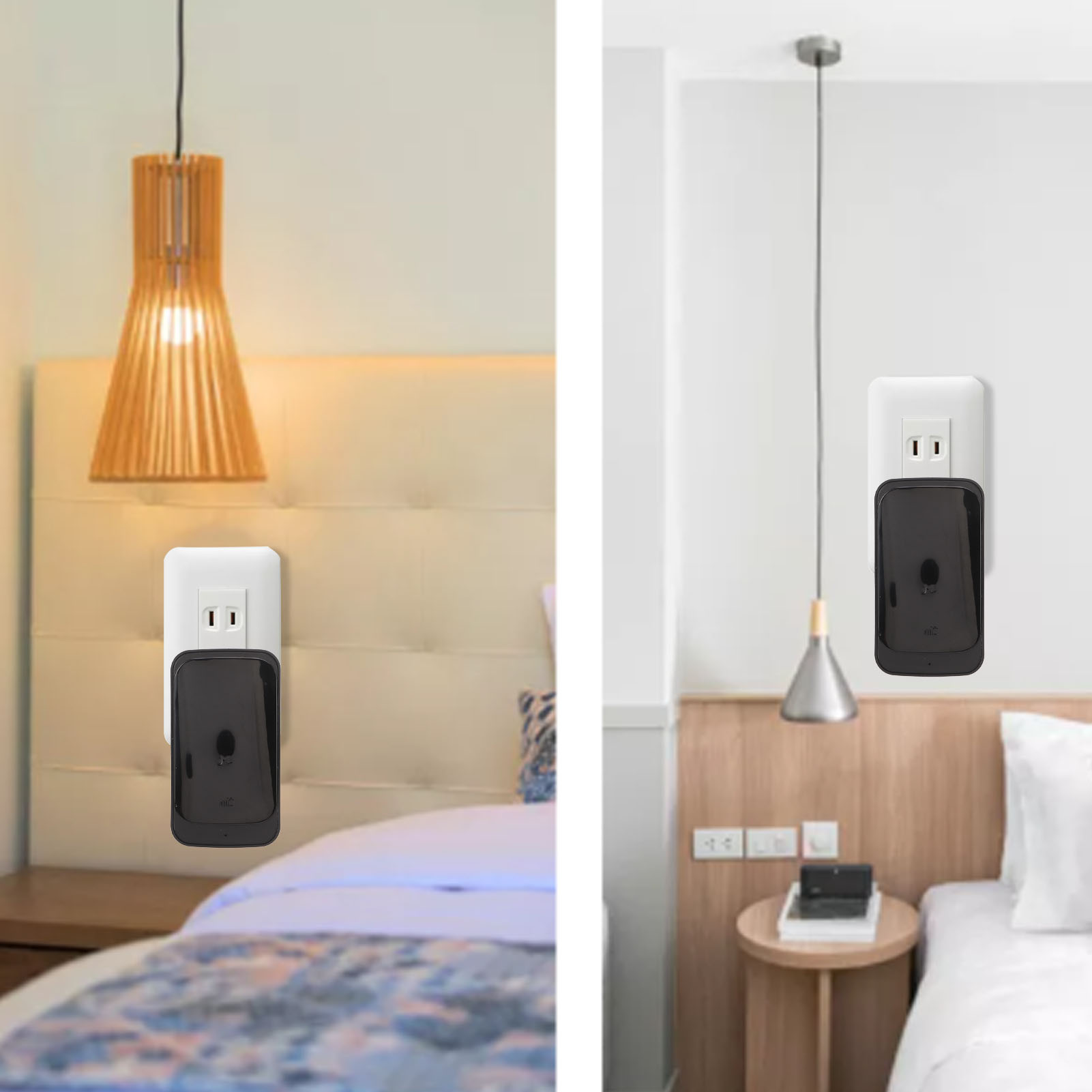 Zwei Bilder von intelligenten Steckern. Eines in einem Schlafzimmer. Eines in eine Wand mit Lampe gesteckt.