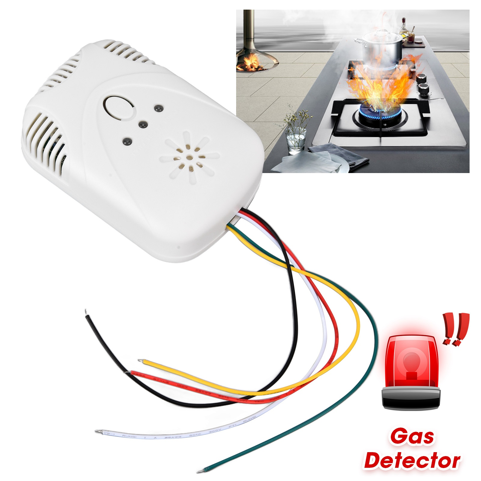 Weißer Gasdetektor mit Kabeln und rotem Alarm, mit Küche und Feuer im Hintergrund.