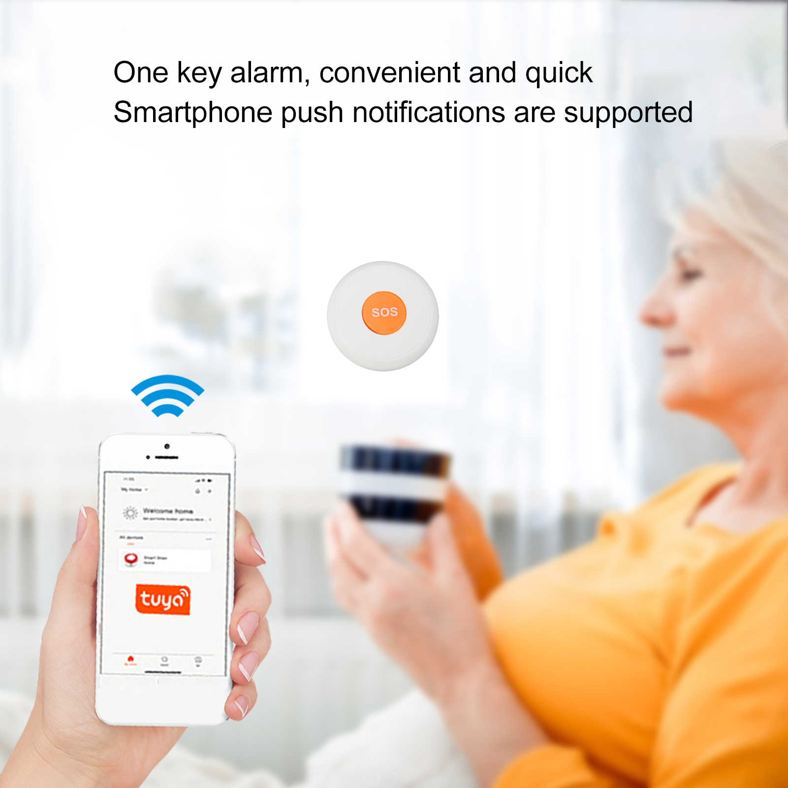 Eine Frau hält ein Smartphone und einen Alarmknopf mit dem Text 'SOS'.