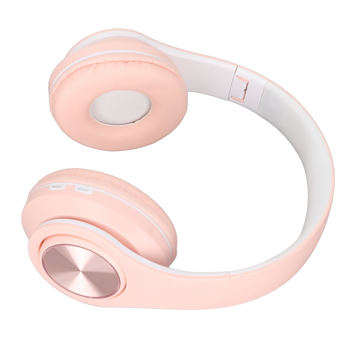 Rosa und weiße Kopfhörer. Die Ohrmuscheln sind rosa, das Kopfband ist weiß. Das Design ist sauber.