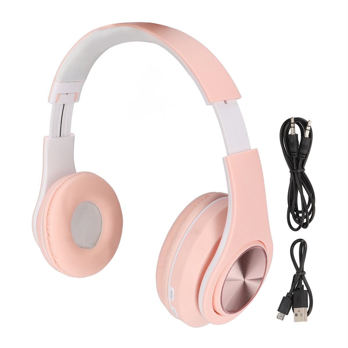 Rosa-weiße Kopfhörer mit Kabel und USB-Kabel. Die Kopfhörer sind Over-Ear.