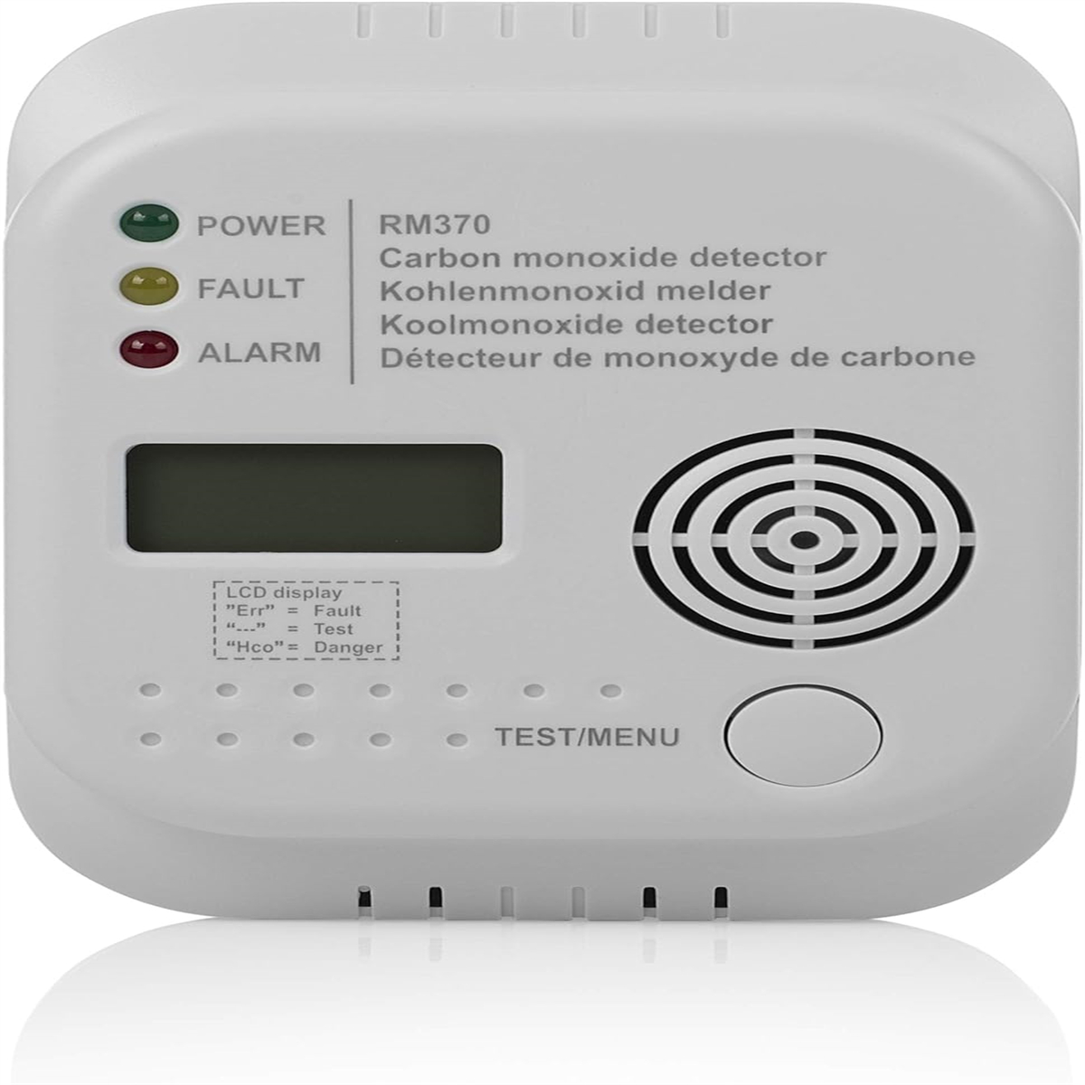 Ein weißer Kohlenmonoxid-Detektor mit Display, Lichtern und Knöpfen.