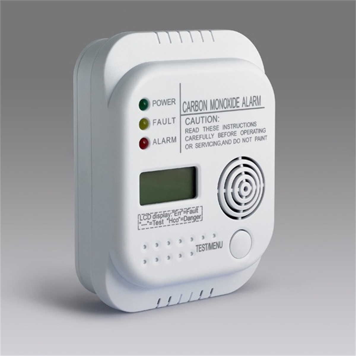 Weißer Kohlenmonoxid-Alarm. LED-Anzeigen, LCD-Display und Testtaste. Weißer Hintergrund.